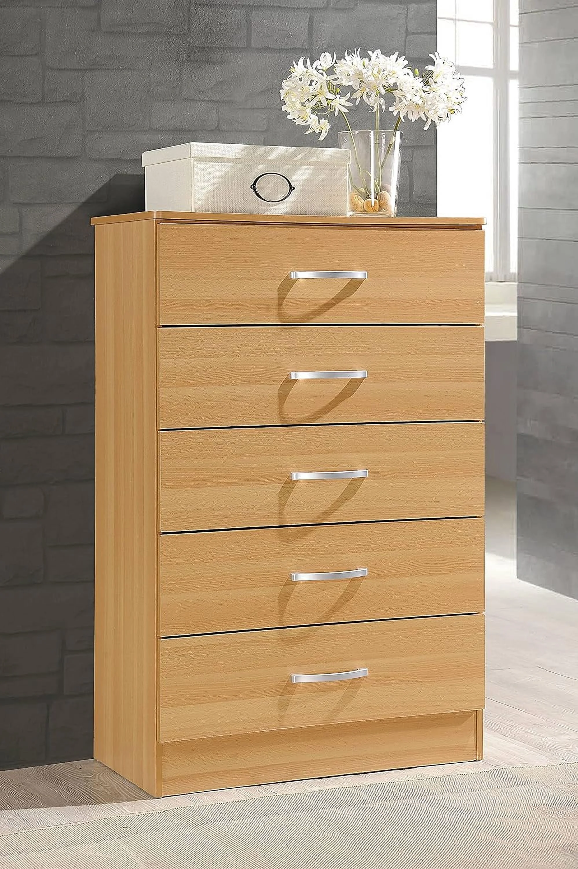 5 Drawer Wood Dresser For Bedroom, Chest Of Drawers With Metal Rails For Support When Storing Clothing, Beech, 47.8X31.5 Inches
