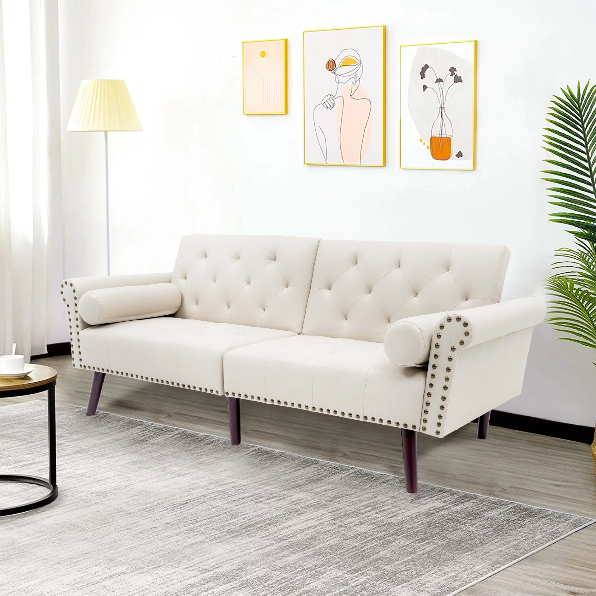 Mid-Century Convertible Tufted Sleeper Corner Sectional Sofa Bed Flared Arms Cream Metal, Fabric N/A Modern & Contemporary, Mid-Century Modern Sleeper
