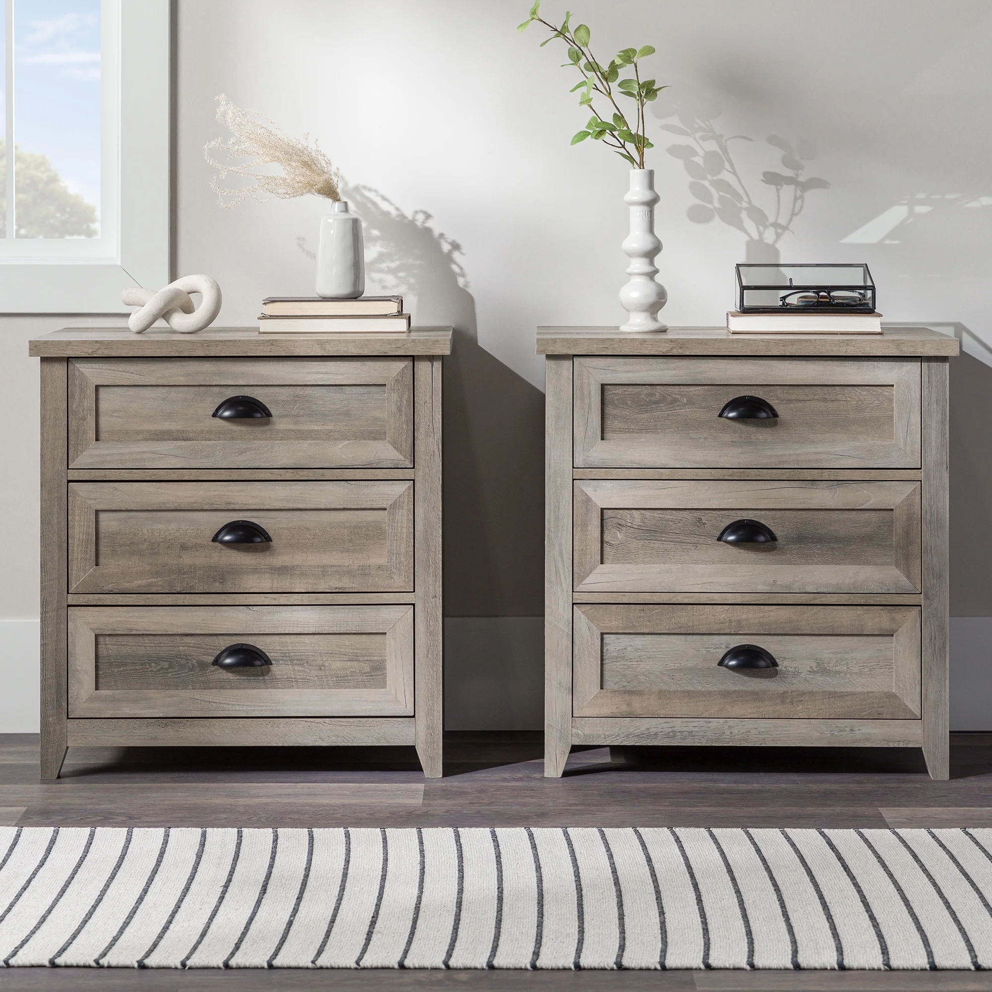 Walker Edison Farmhouse 3 Drawer Nightstand, Set of 2, Grey Wash