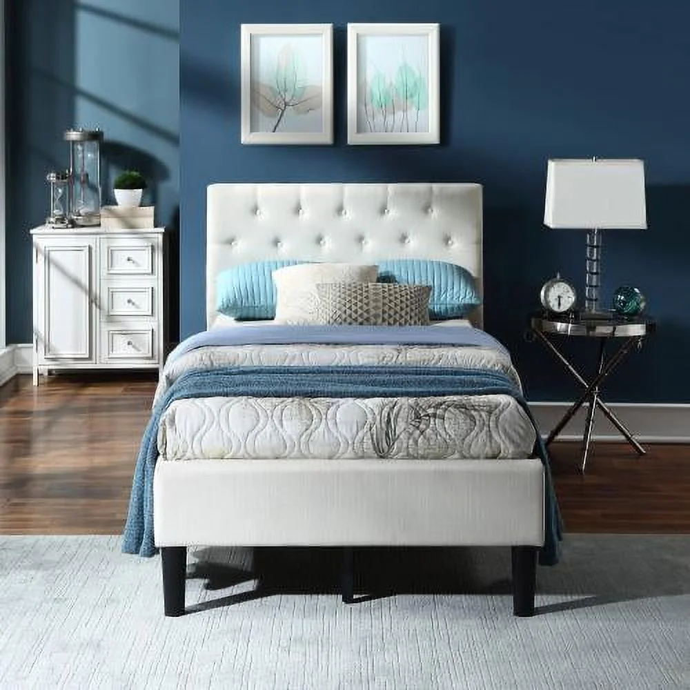 Twin Size Upholstered Linen Platform Bed Frame with Button Tufted Headboard & Footboard, Strong Wood Slat Support, Mattress Foundation, No Box Spring Needed, Easy Assembly, White