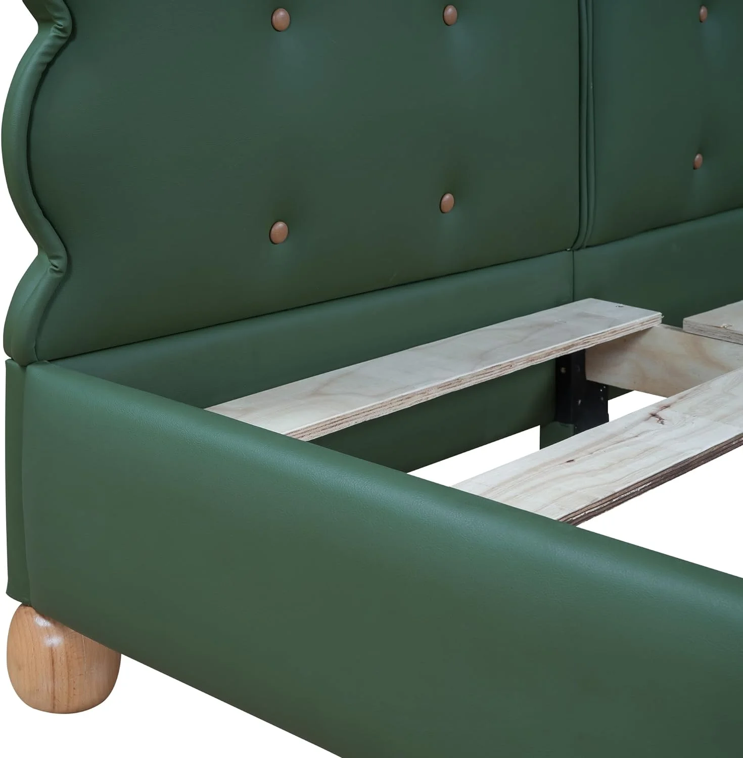 Queen Size Stylish Upholstered Platform Bed with Unique Headboard & Wooden Legs, Leather Bed Frame for Bedroom