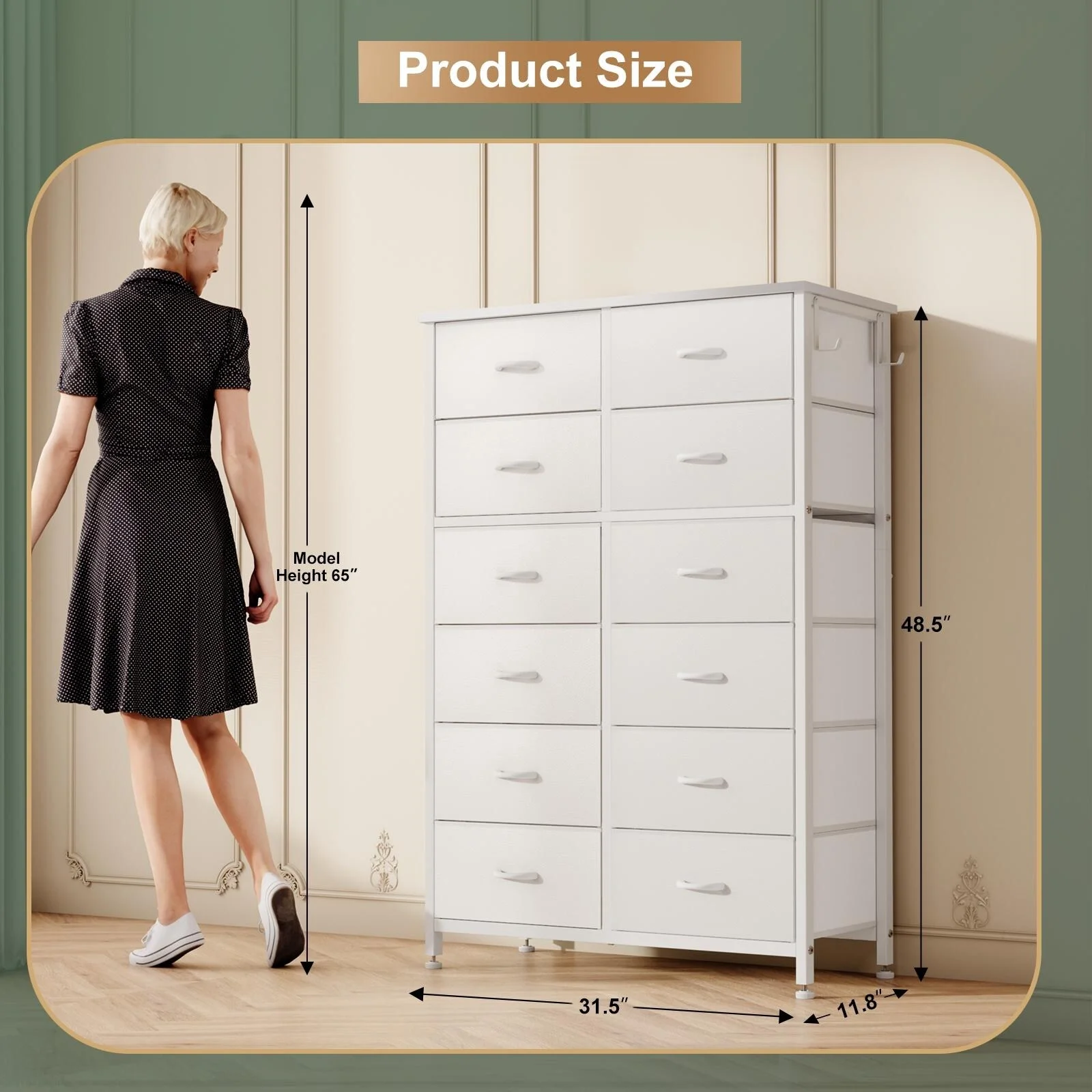 JINYUZHOU INC 12 Drawer Dresser Tall Fabric Chests of Drawers Closet for Bedroom White PU - 12-drawer