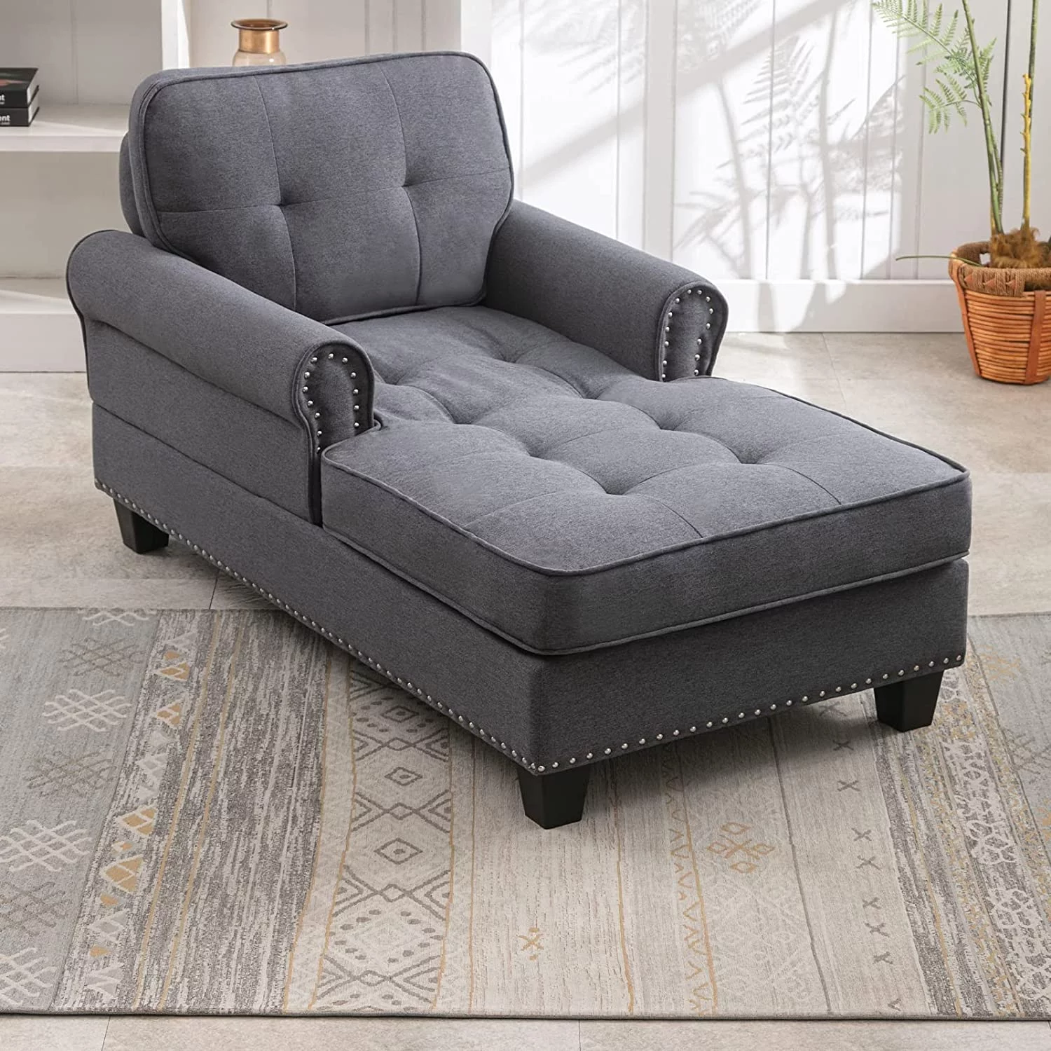 Mjkone Chaise Lounge Sofa Couch,Linen Chaise Sofa Bed Bench with Tufted Back, Mid-Century Sleeper Sofa Chair Bed for Small Place/Apartment/Living Room/Office/Studio (Dark Gray)