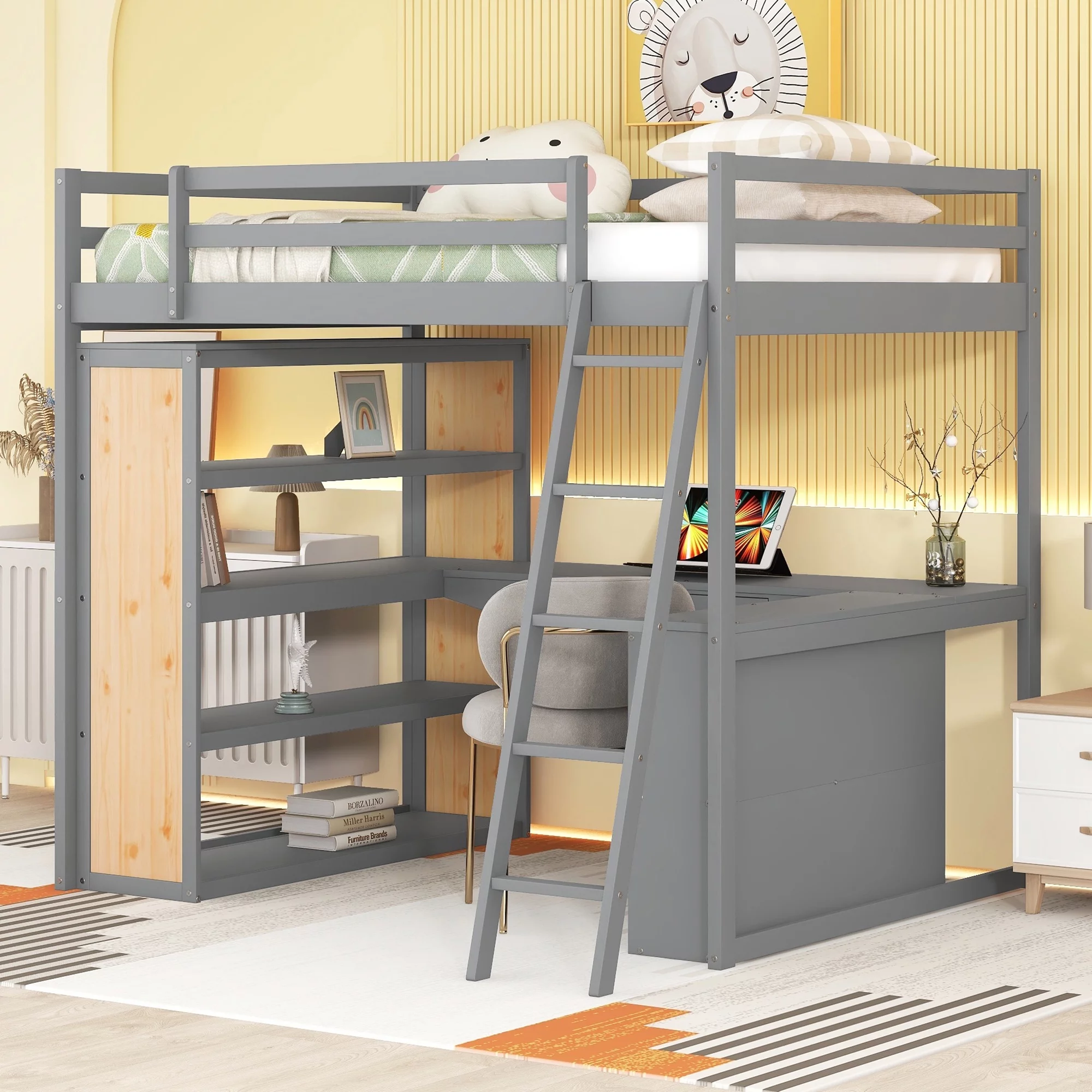 Churanty Full Size Loft Bed with Desk and Shelves,Solid Wood High Loftbed Frame with Storage Drawers for Kids Teens Bedroom,Gray