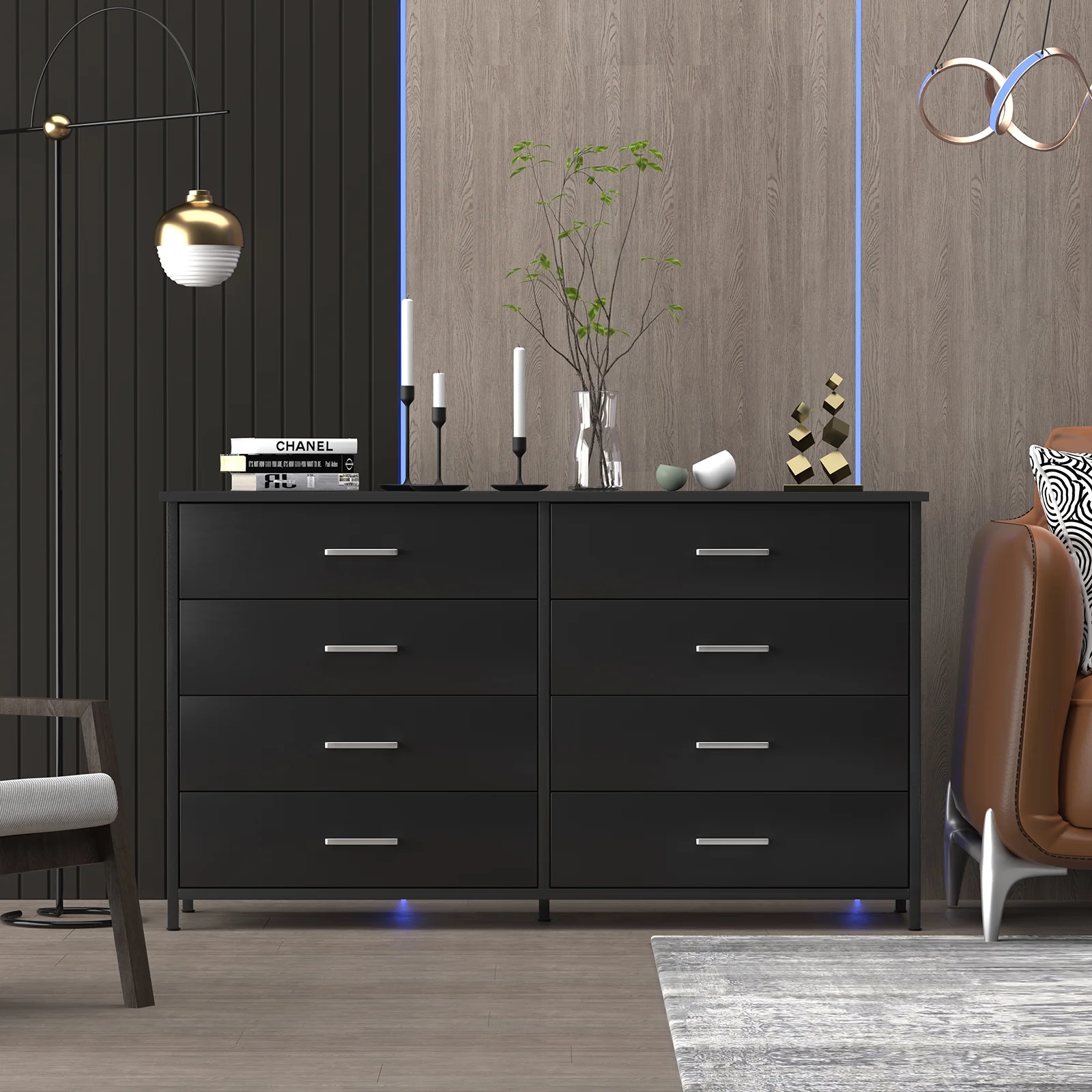 IKENO 8 Drawer Dresser for Bedroom, Industrial Wood Dresser Wide 8 Chest of Drawers, Wooden Storage Organizer Dresser with Sturdy Steel Frame (Black)