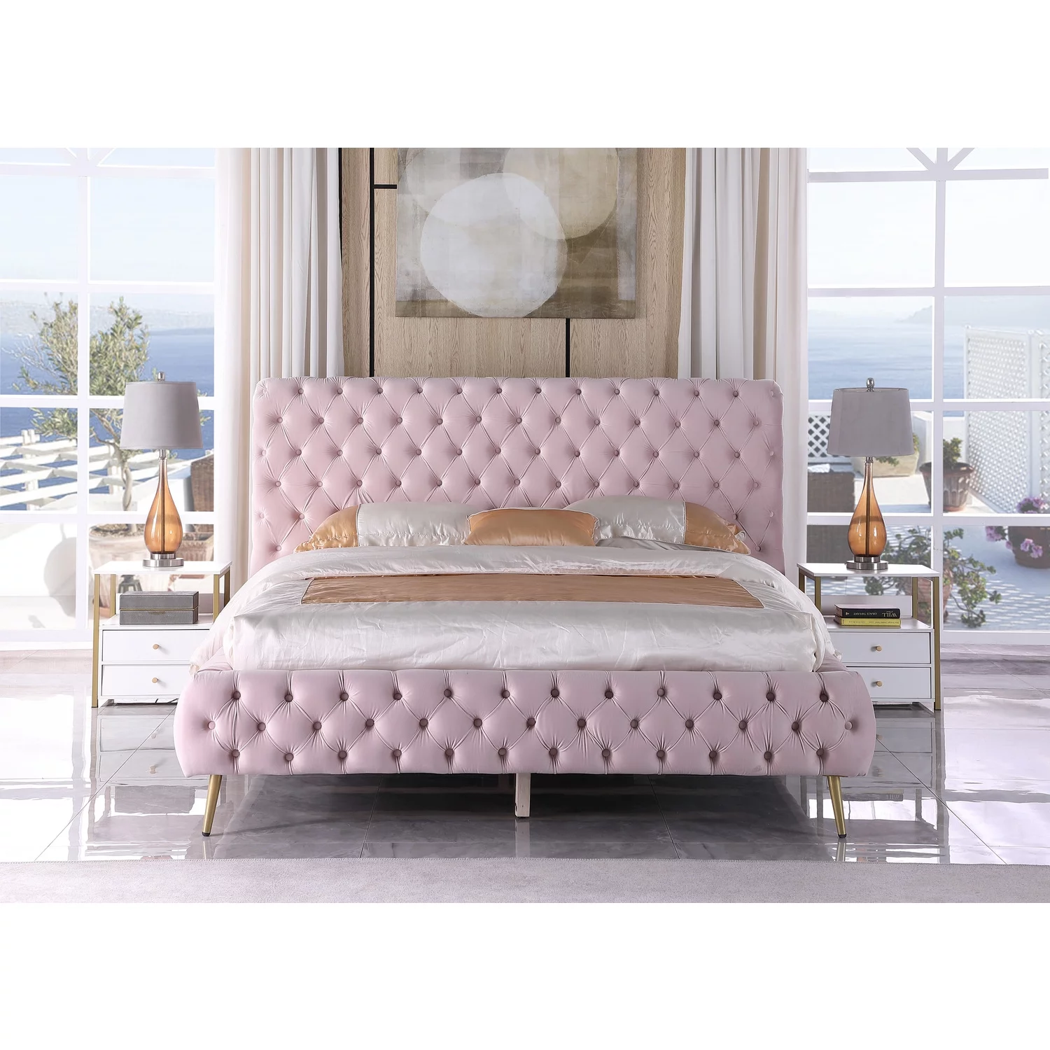 Demeter Velvet Platform King Bed in Pink