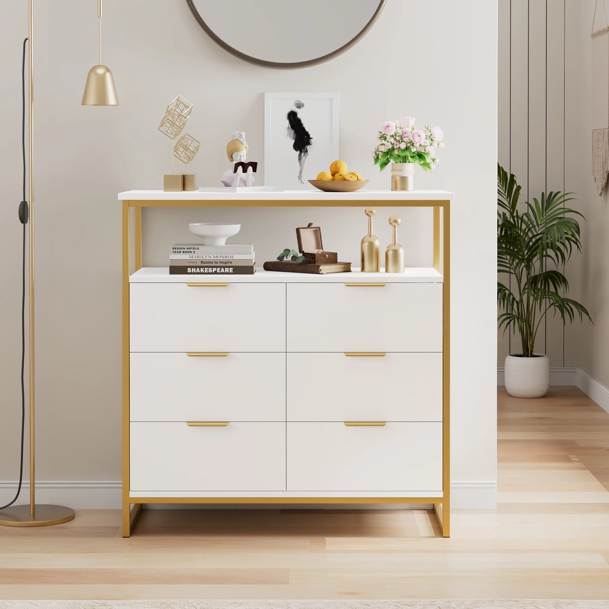 Homfa 6 Drawer Dresser, Modern Storage Chest, Storage Cabinet for Living Room, White Gold