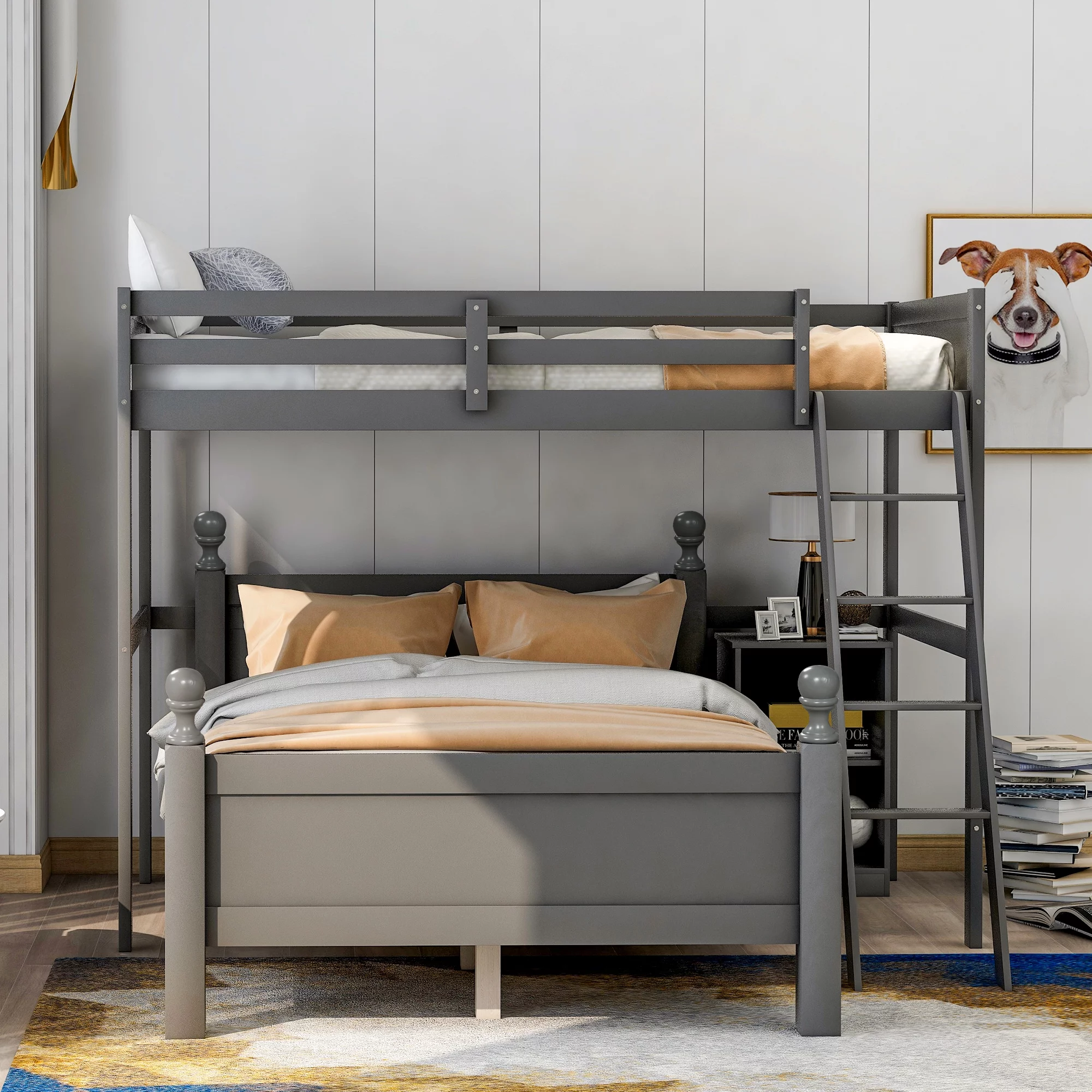 Euroco Wood Twin over Full Bunk Bed with Storage Cabinet for Kids' Room, Gray