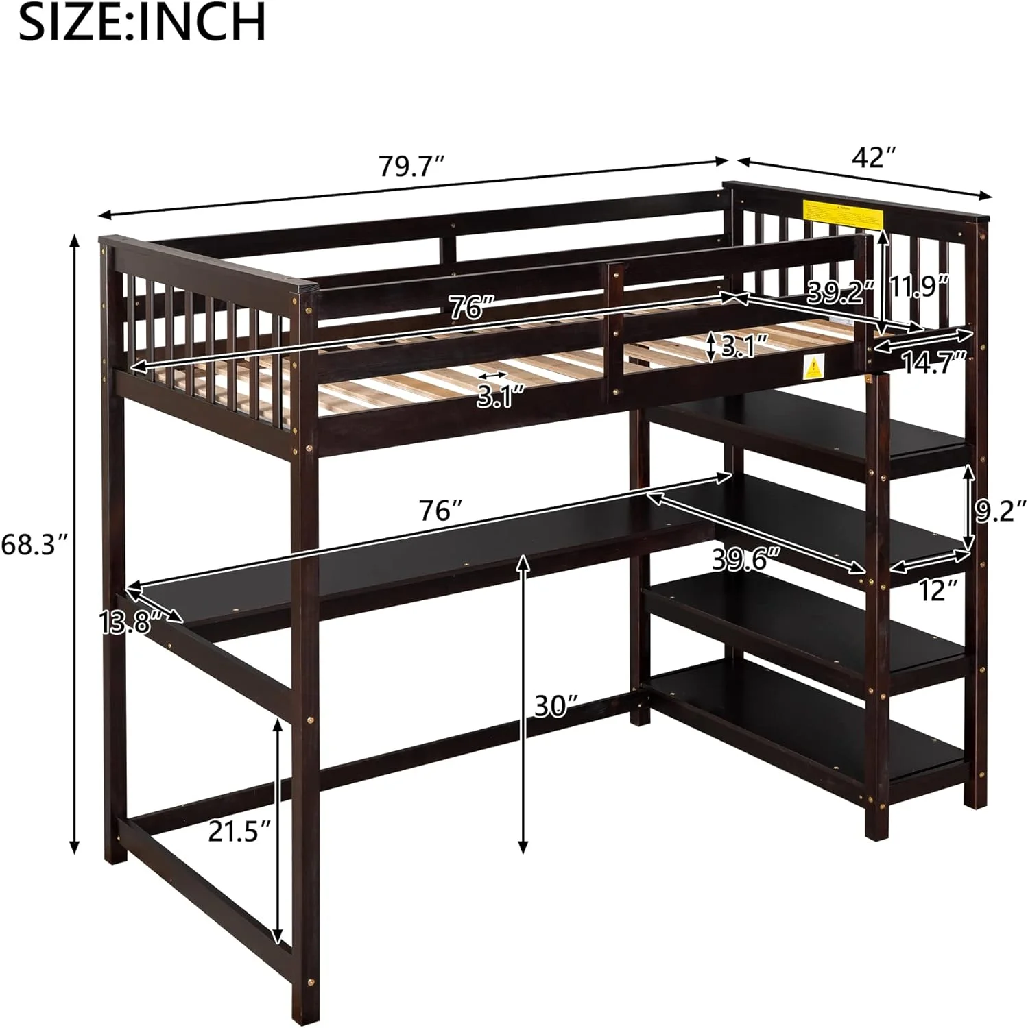 Size Loft Bed With Desk Ad Storage Shelves, Solid Wood Loft Bed Frame With Ladder Ad Guardrail For Kids Tees Adults - Espresso