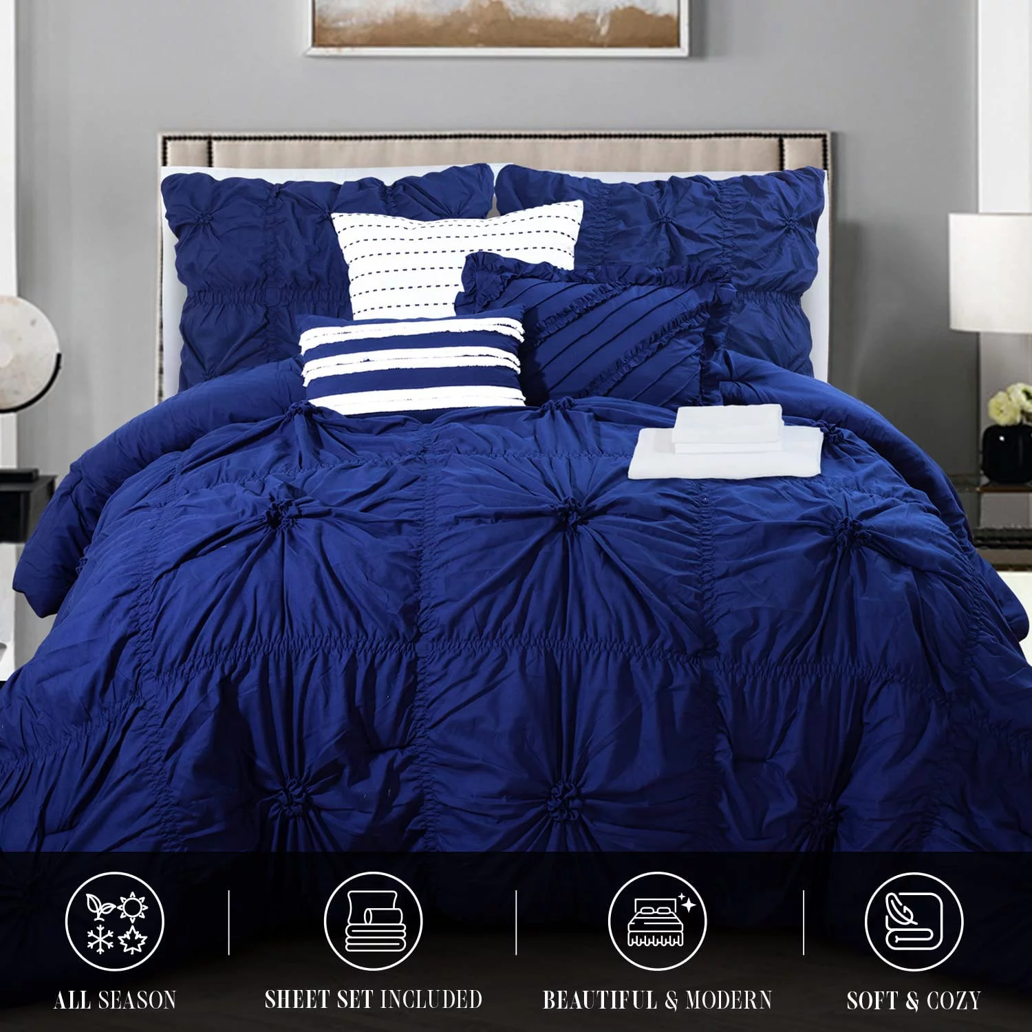 Elegant Comfort Amy 12-Piece Oversized Comforter, Bed-in-a-Bag Including 6-Piece Sheet Set Featuring Smart Pockets and Matching Decorative Pillows, Amy 12PC Oversized Comforter, Queen, Blue