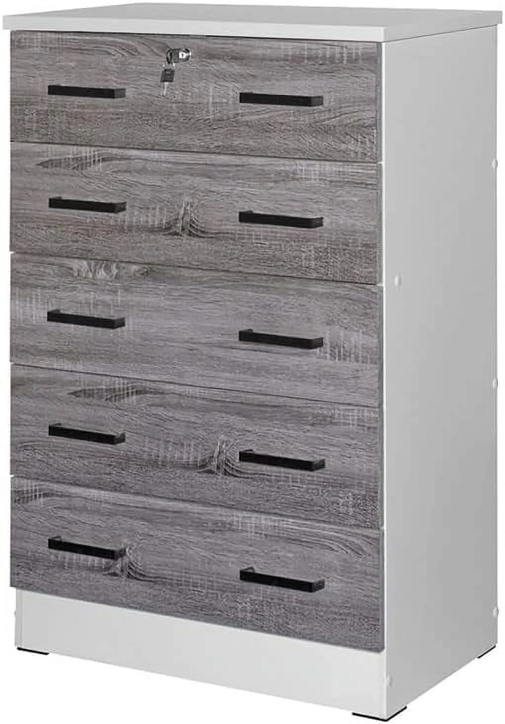 Modern 5 Drawer Wooden Bedroom Dresser With Lock In White/Gray