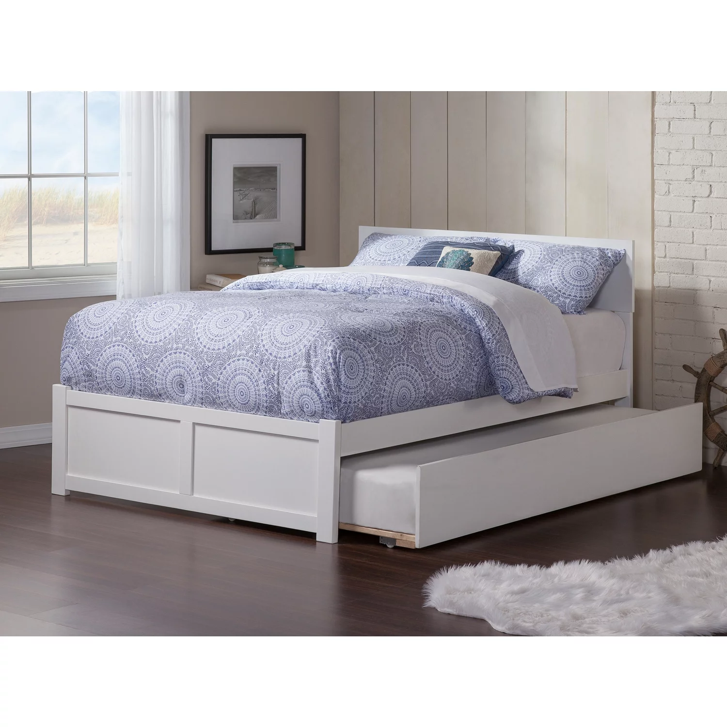 Orlando Full Platform Bed with Flat Panel Foot Board and Full Size Urban Trundle Bed in White