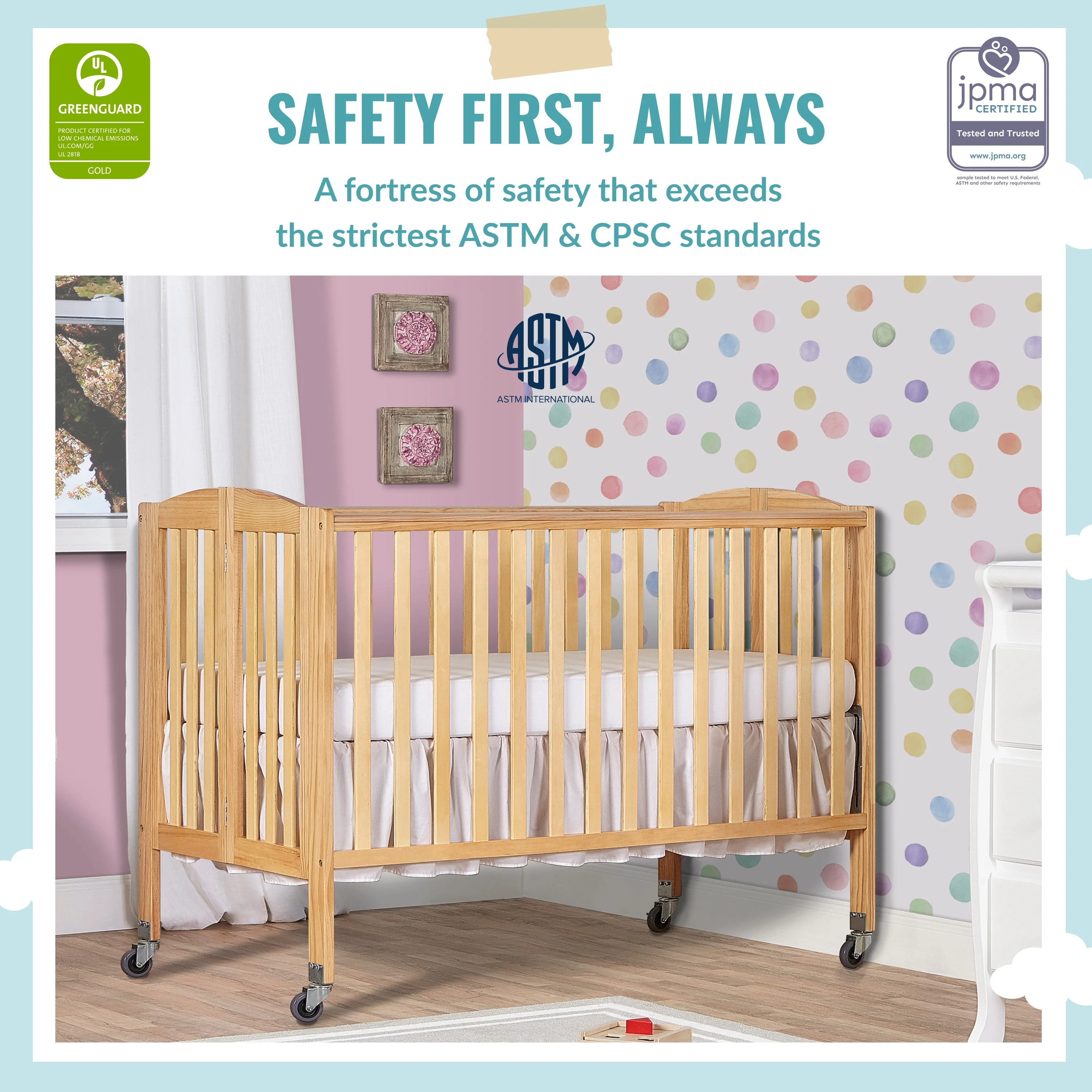 Dream On Me Folding Full Size Convenience Crib in Natural, Comes With Heavy Duty Locking Wheels