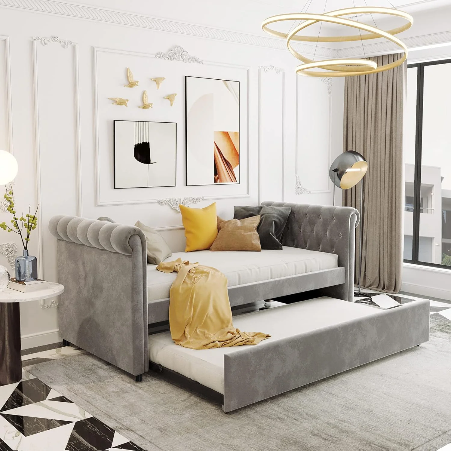 Upholsered Daybed Wih Size rudle, Daybed Wih Wood Sla Suppor, Upholsered ufed Sofa Bed,Bedroom Livig Room Furiure For Gues,o Sprig Box eeded, Gray