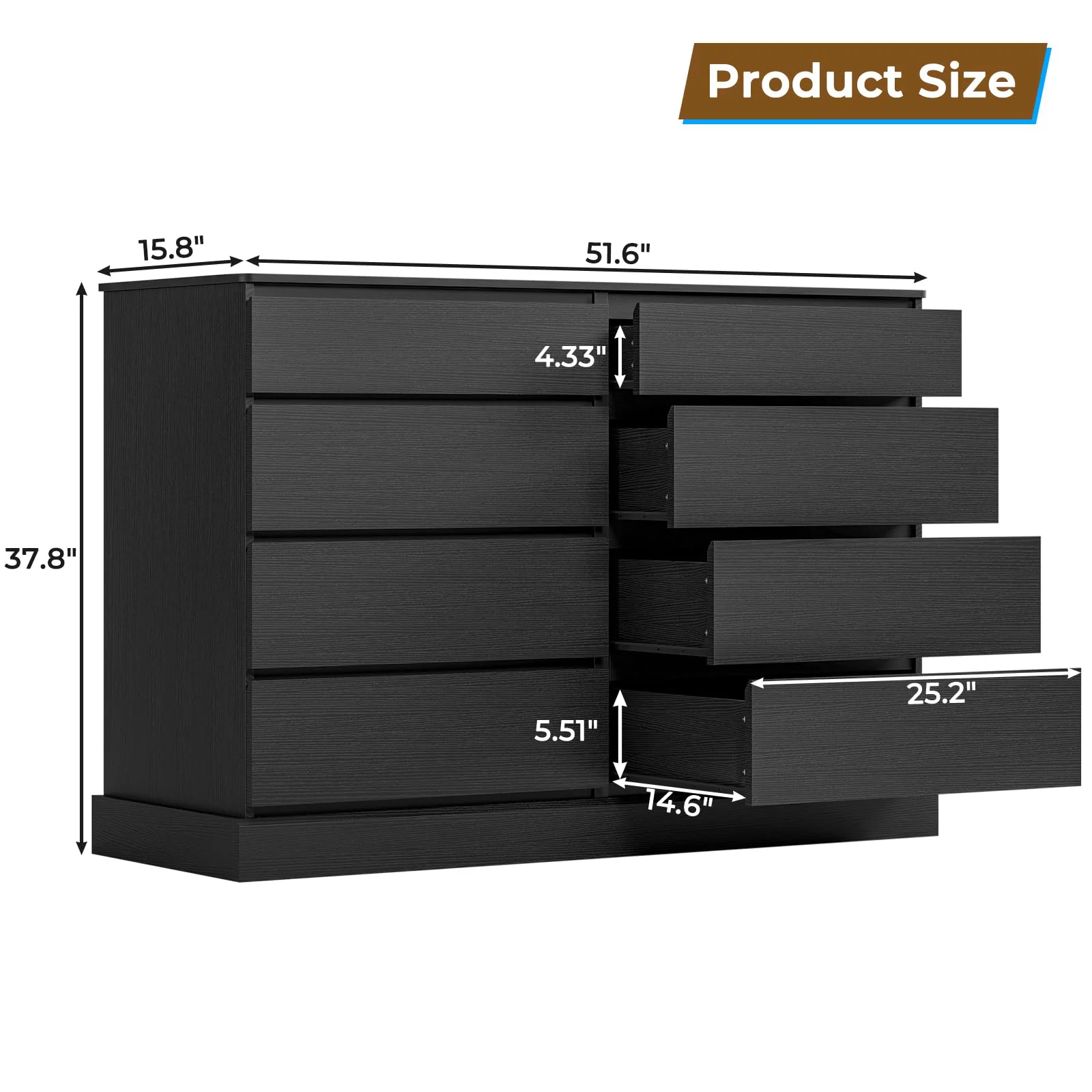 8 Drawer Double Dresser, Black Finish
