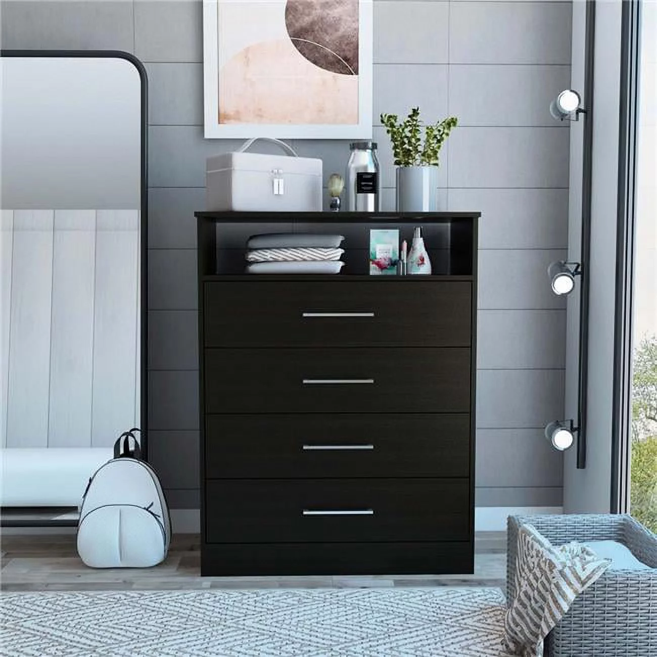 HomeRoots 403741 Modern Black Four Drawer Dresser with Hutch