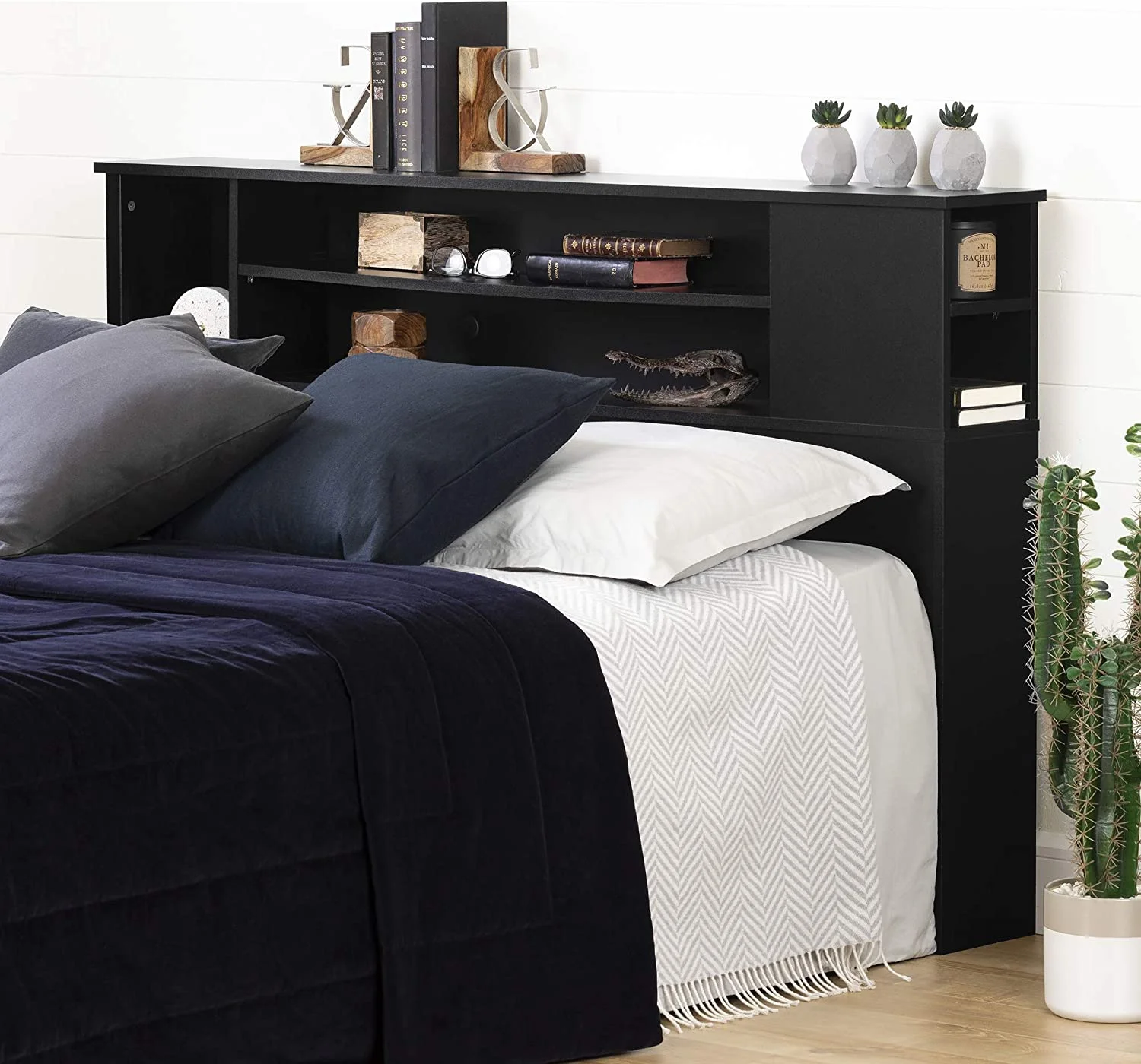 WAGEE Vito Bookcase Headboard, Full/Queen, Pure Black
