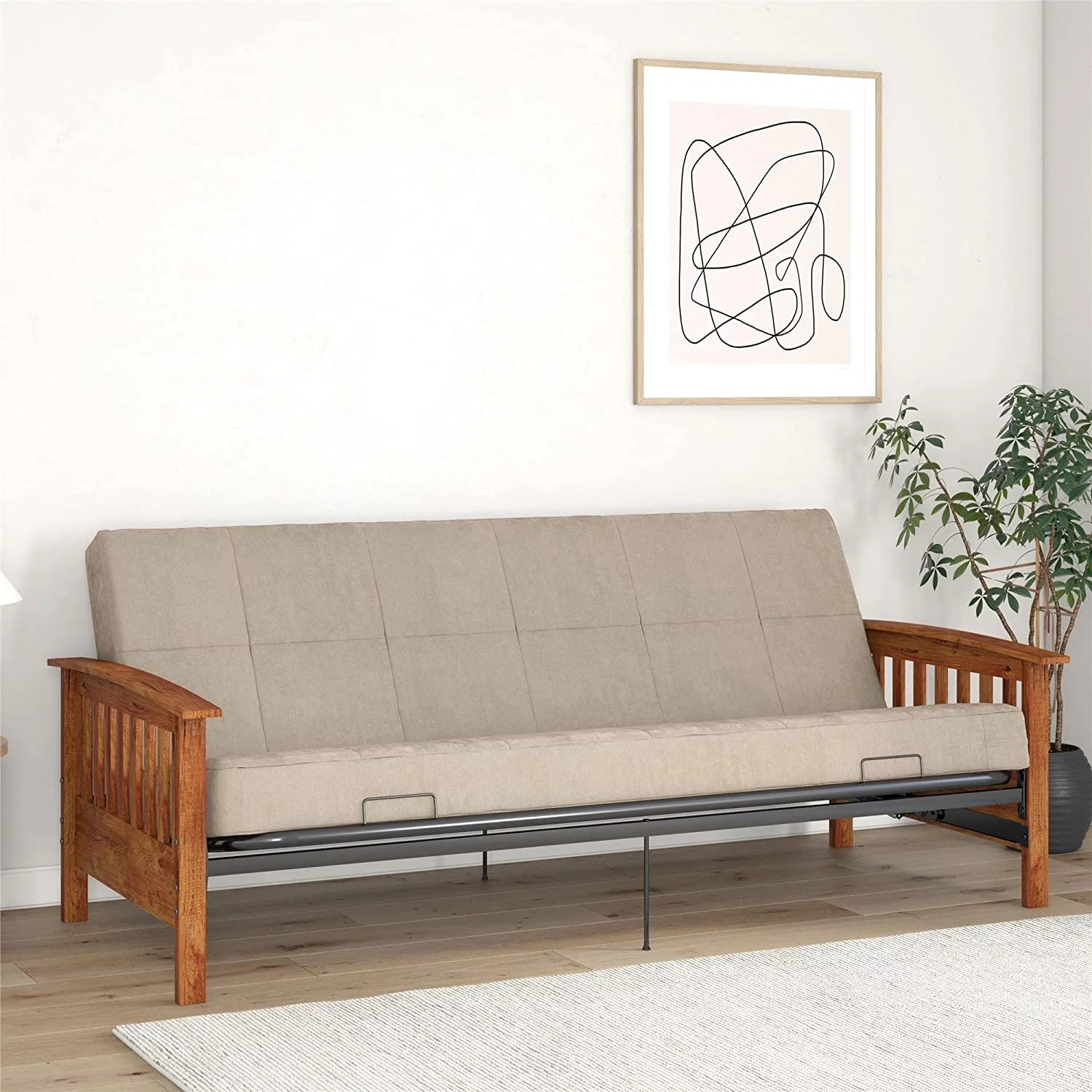 Elbi Full Size Wood Arm And Black Metal Futon Frame, Natural