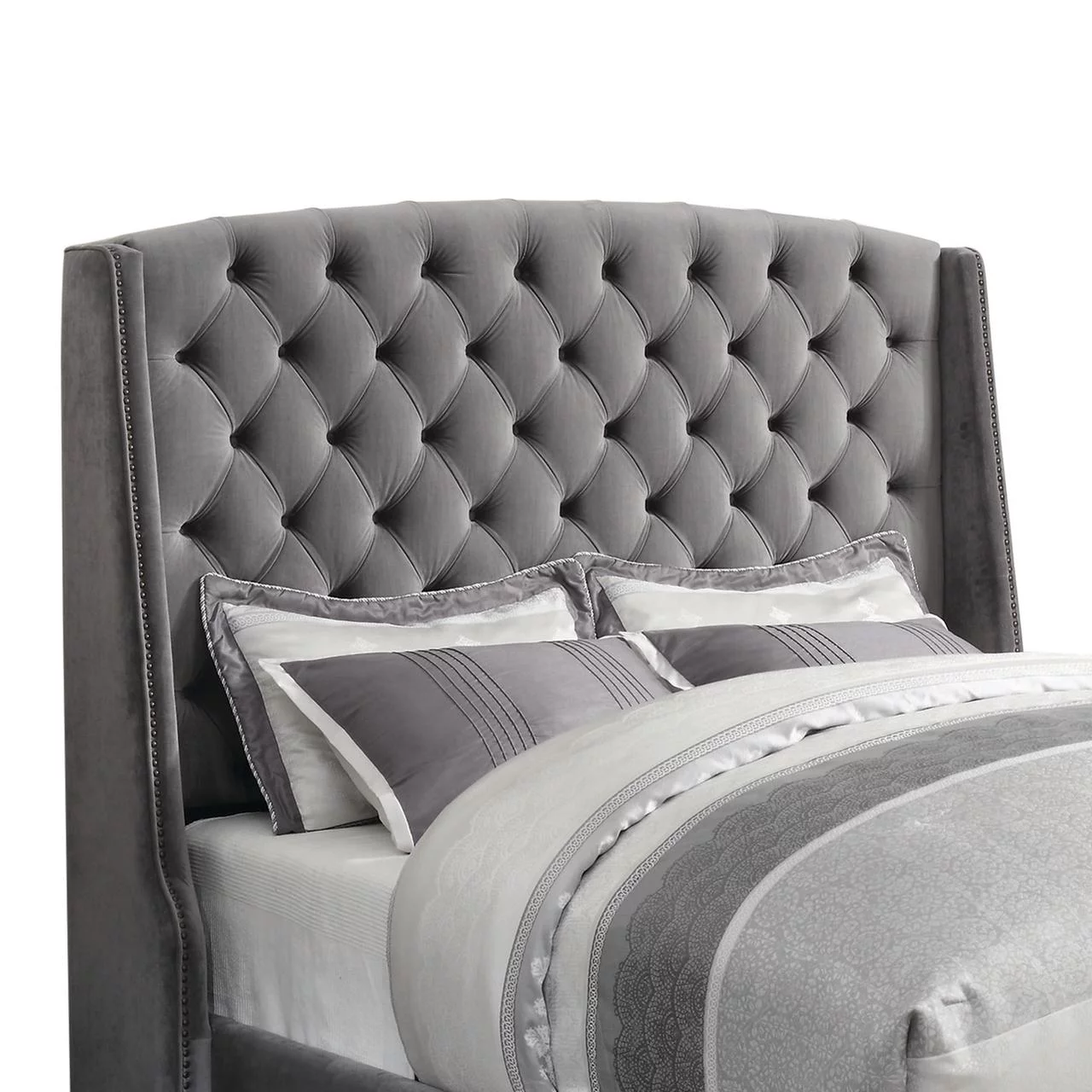 Benjara Fabric Upholstered Wooden Eastern King Size Bed with Winged Headboard, Gray
