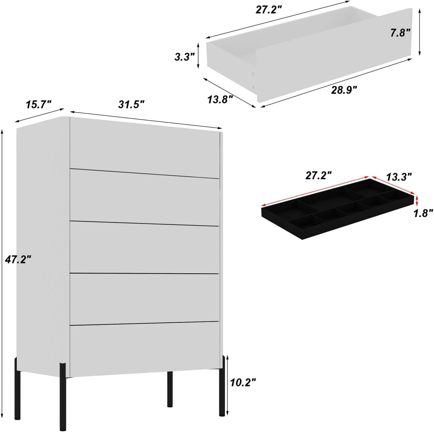 GEROBOOM Chest of Drawers White Dresser with Glass Desktop  5 Drawer Dresser  Modern & Contemporary  Curved Edge  Black Metal Legs  Dresser for Bedroom (31.5\u201DW x 15.7\u201DD x 47