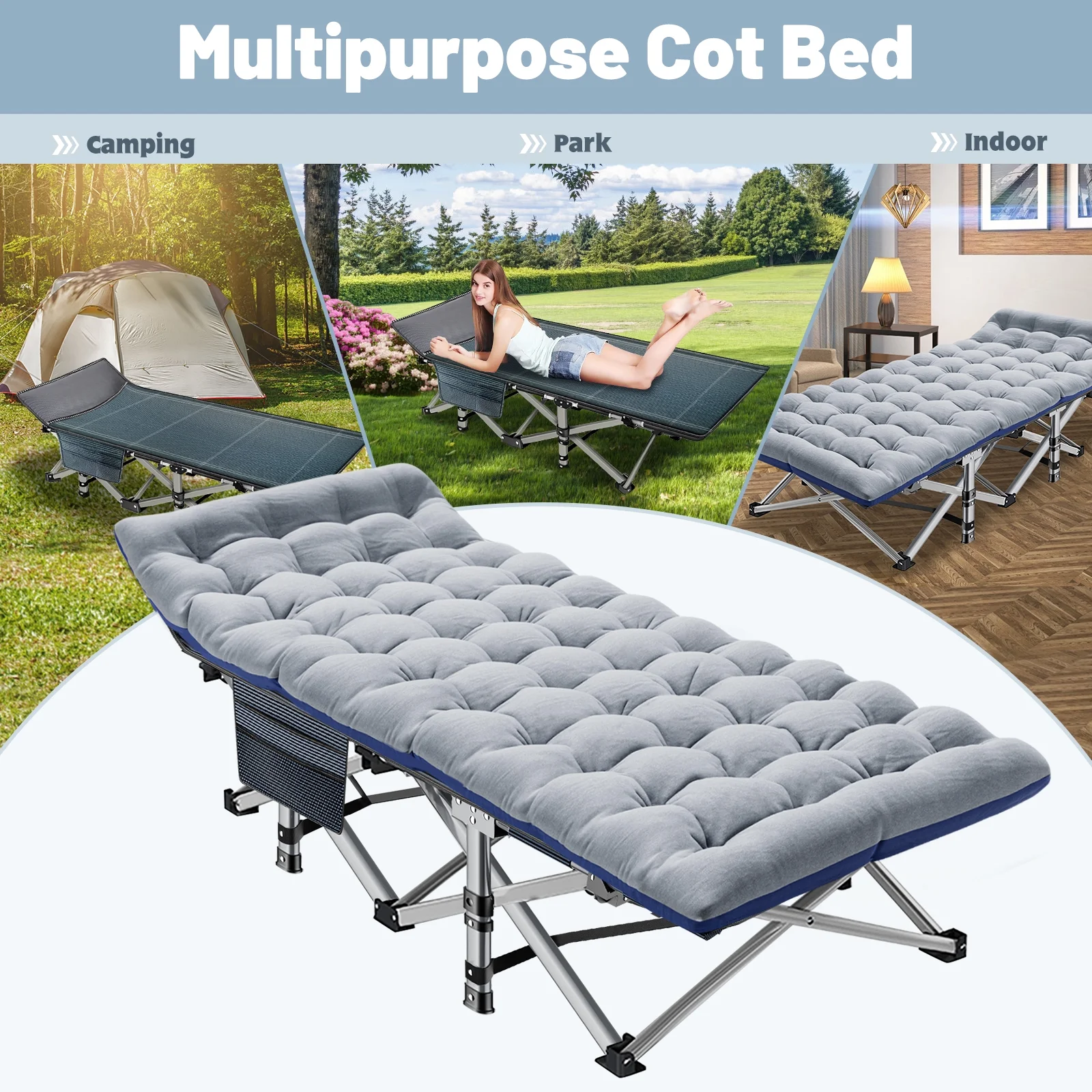 MOPHOTO 75'' Adult Folding Camping Cot, Heavy Duty Sleeping Cots for Adult, Folding Bed Pearl Cotton Pad & Carry Bag, Guest Bed Support 900 bls