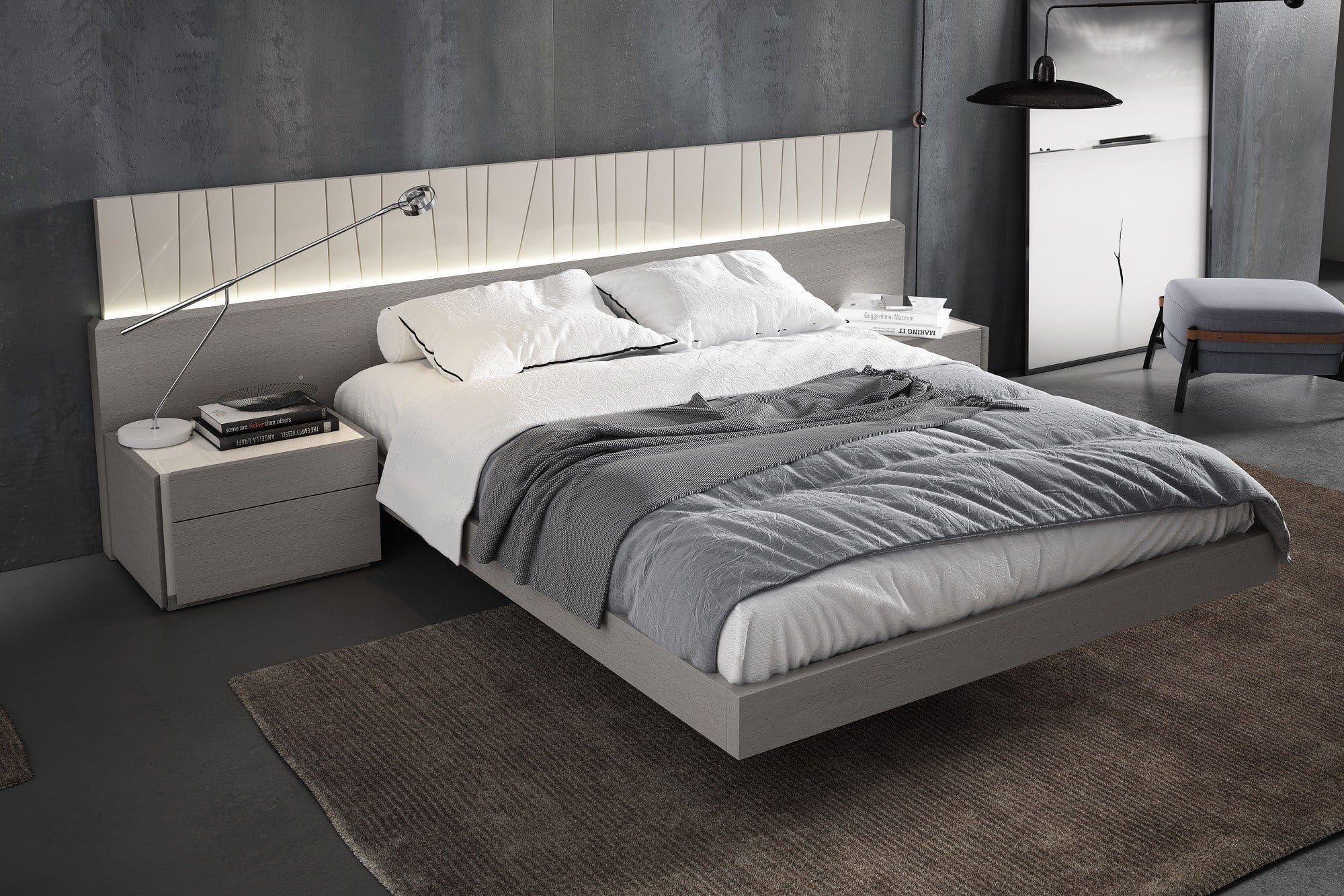 J&M Furniture Porto Premium Bedroom Set in Grey with 6 piece queen bed, chest, dresser, mirror and 2 nightstand, queen bedroom set