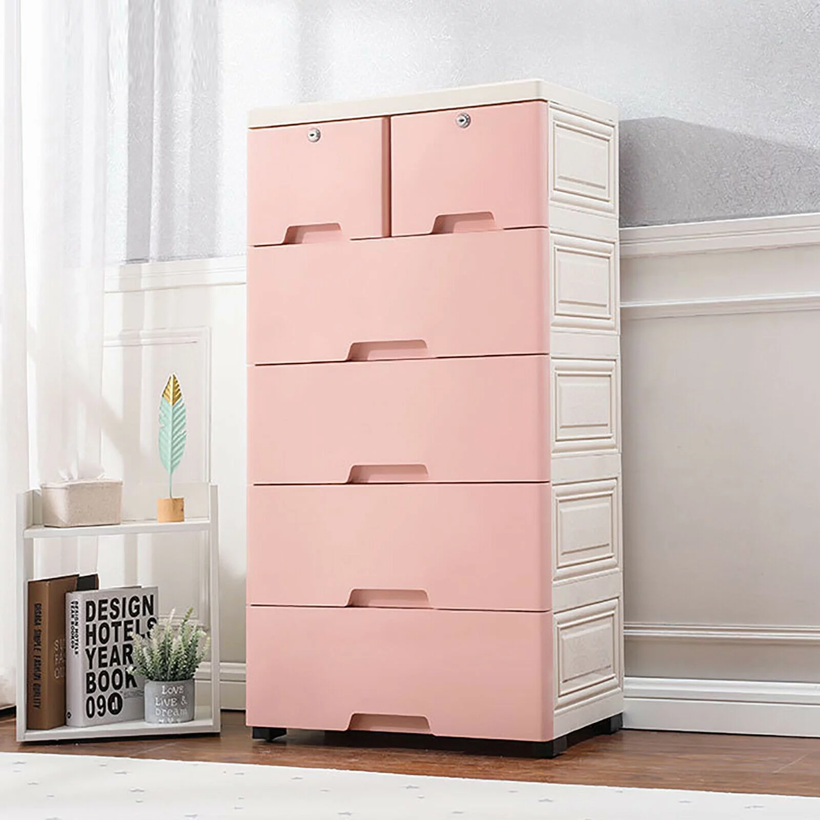 Plastic Storage Closet Cabinet 6 Drawers Dresser Locker Freestanding Organizer with Wheels, Bedroom Living Room Office Furniture