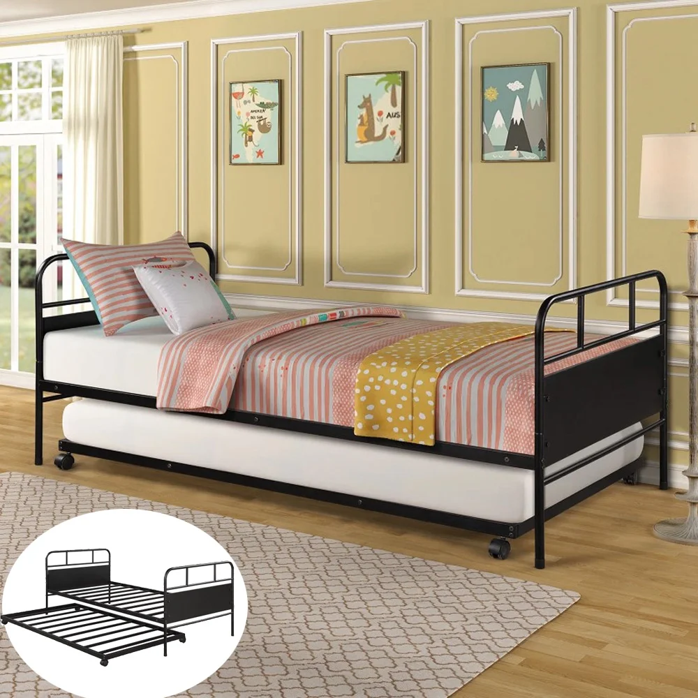 Twin Daybed with Trundle Metal Bed Frame for Living Room,Bedroom,Black
