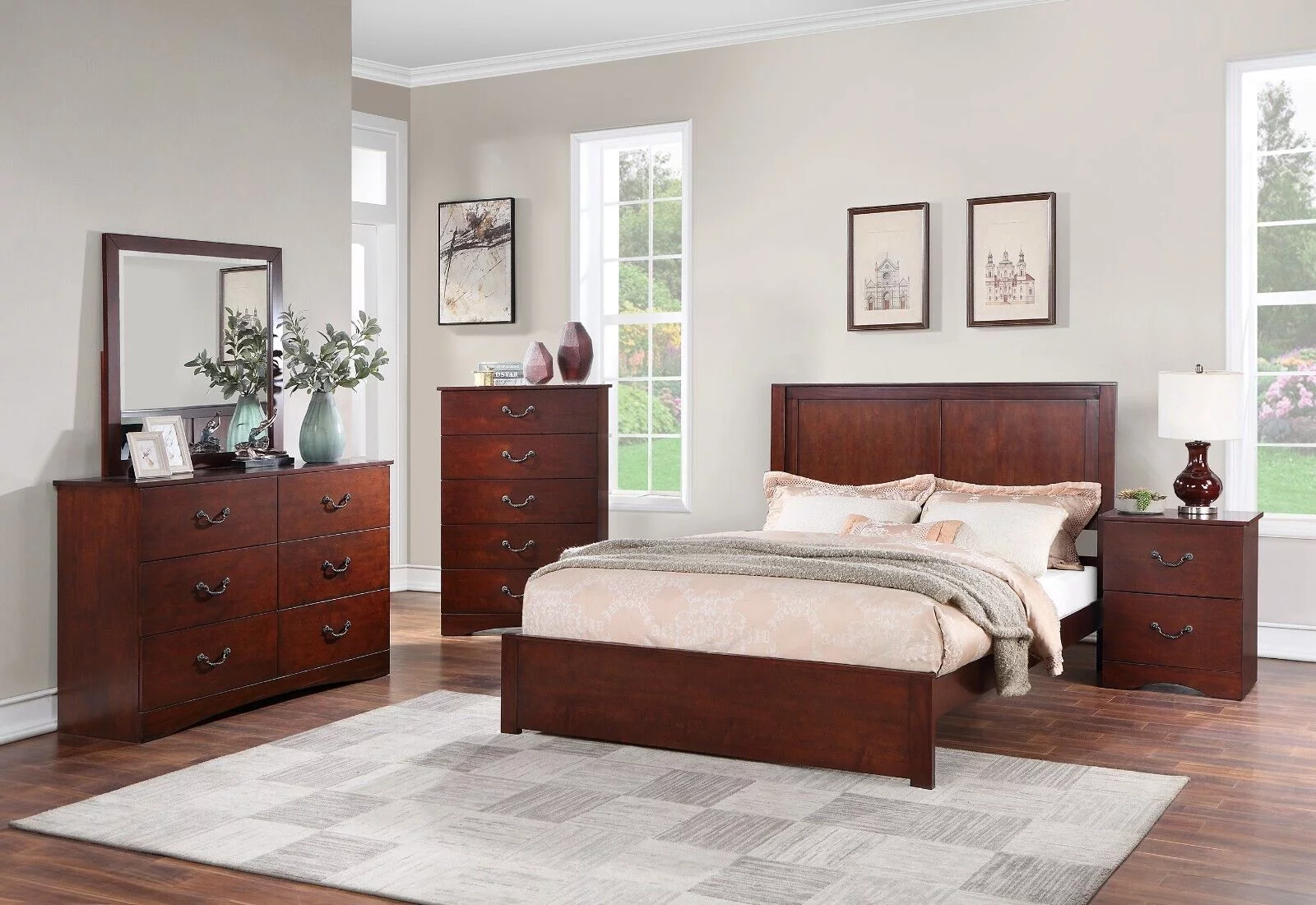 Bedroom California King Size Bed 6pc Set Dresser Mirror Nightstands Chest Brown Finish Panel Headboard Gorgeous Bed