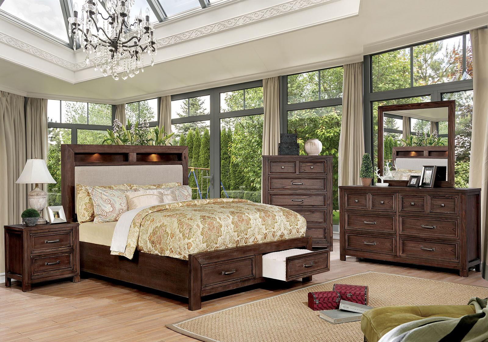 Transitional Dark Oak Solid Wood Queen Bedroom Set 6pcs FOA CM7365A Tywyn