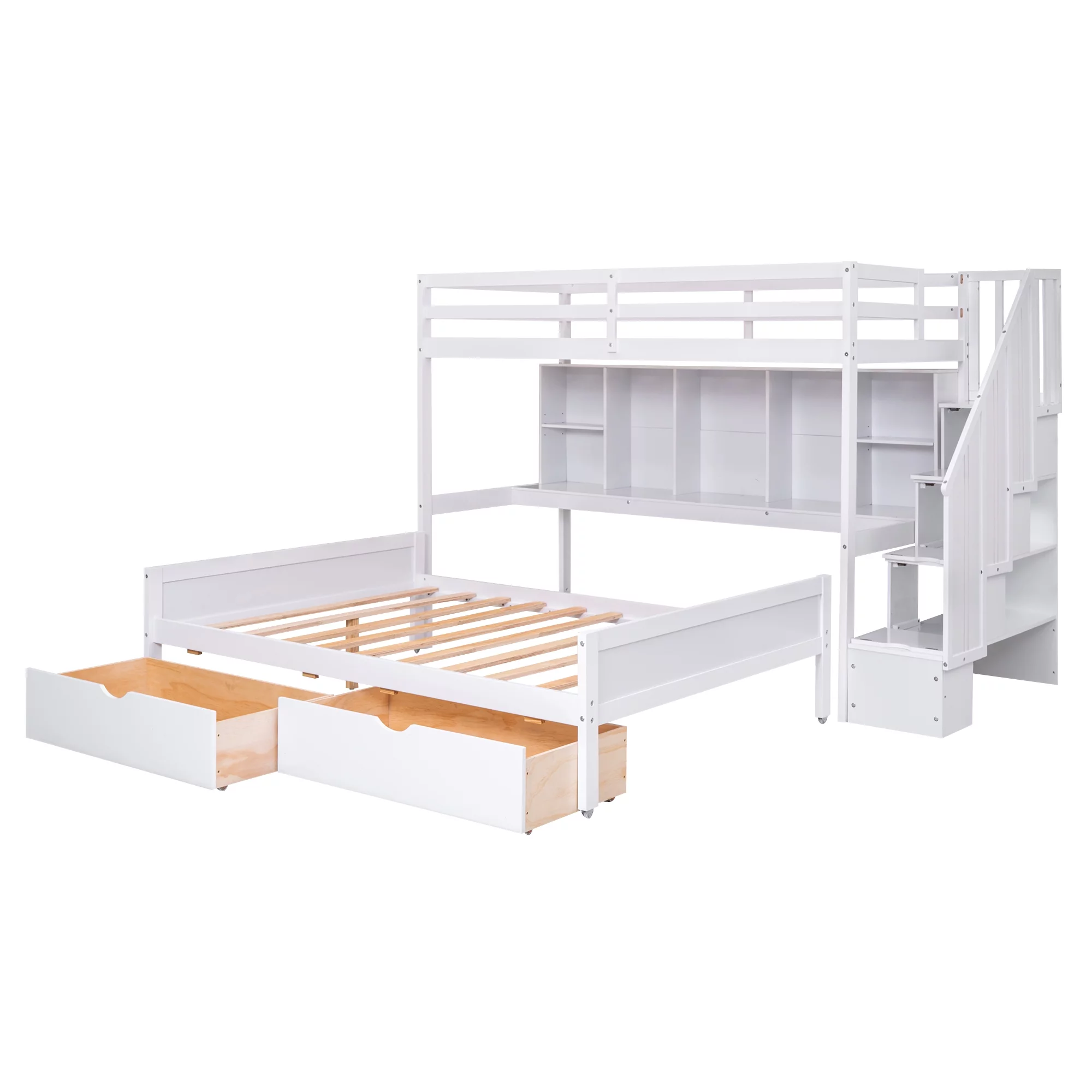 Leadzm Twin XL over Full Bunk Bed with Built-in Storage Shelves, Drawers and Staircase,White