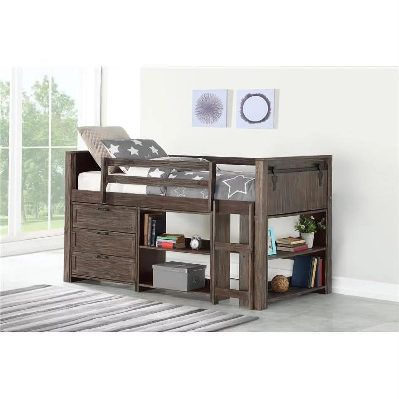 Donco Kids PD-0318TBS-Modular-C2 Twin Barn Door Low Loft with 3 Drawer Chest - Bookcase & Small Bookcase - Brushed Shadow