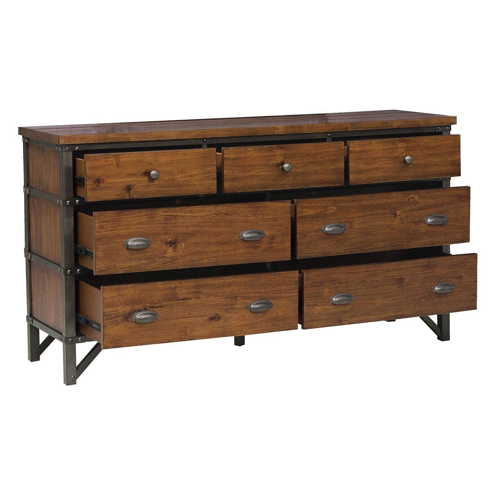 Unique Style Rustic Brown 4pc Bedroom Set Queen Size Platform Bed Nightstand Dresser Mirror Gunmetal Finish Wooden Furniture