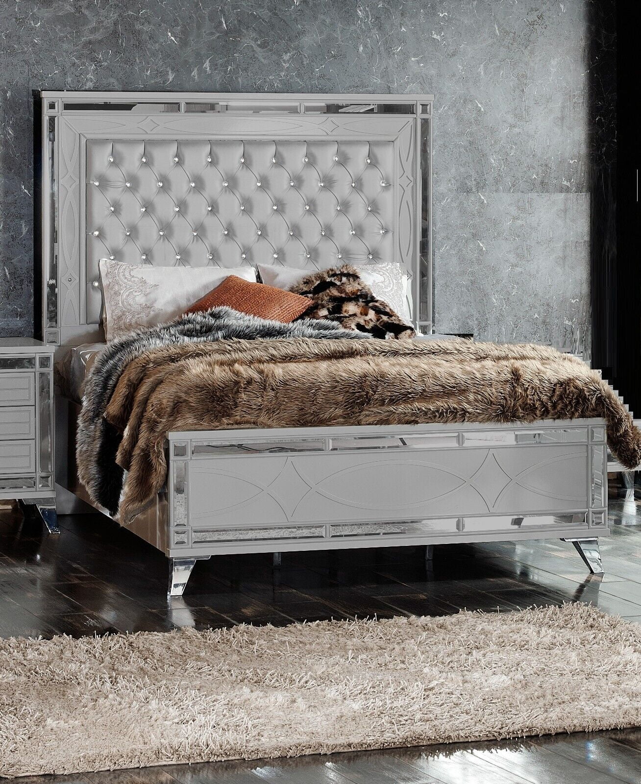1pc Modern Luxury King Light Gray Tall Queen Upholstered Bed w/LED Bedroom Furniture