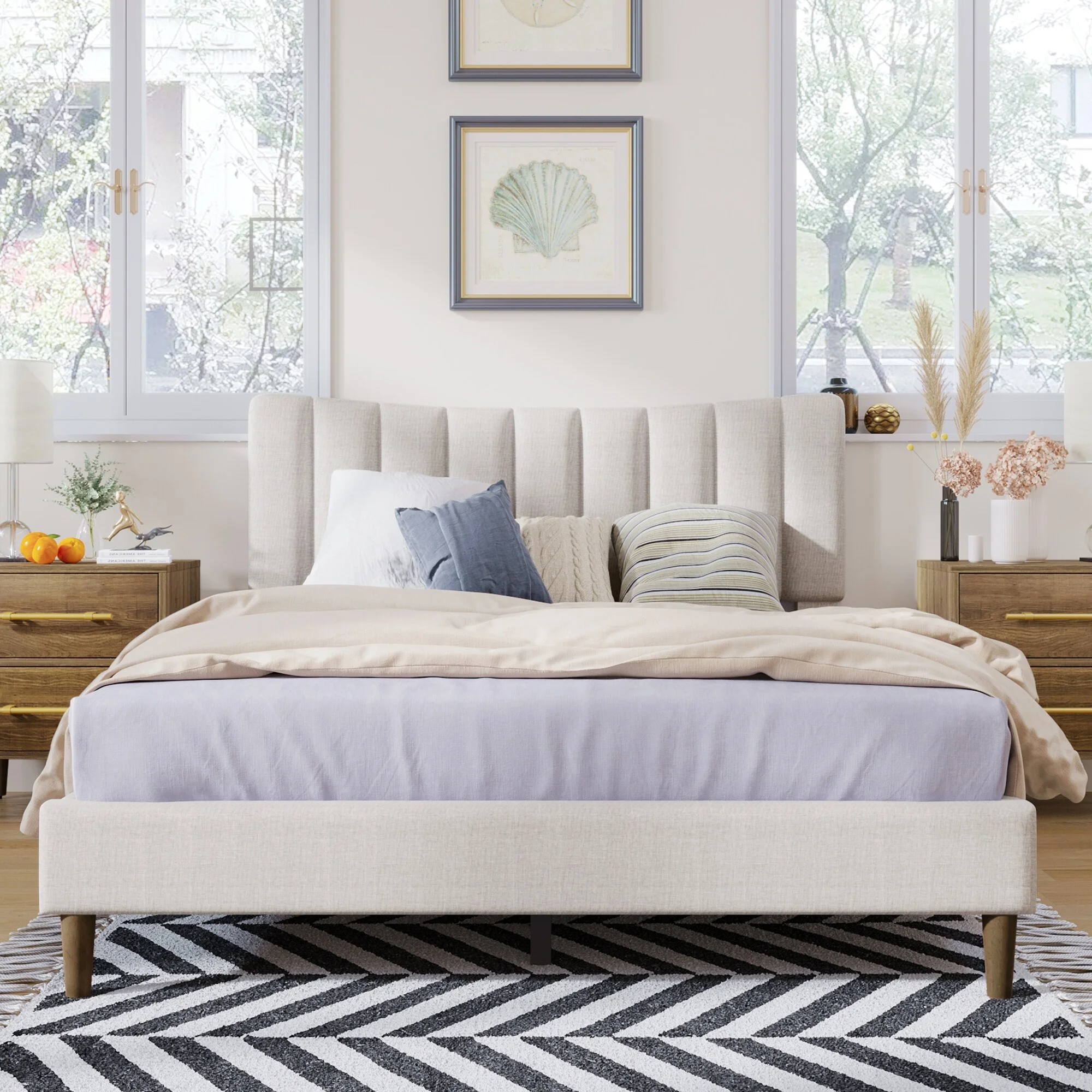 YJTONWIN Platform Bed Frame Tufted Headboard Cream Queen