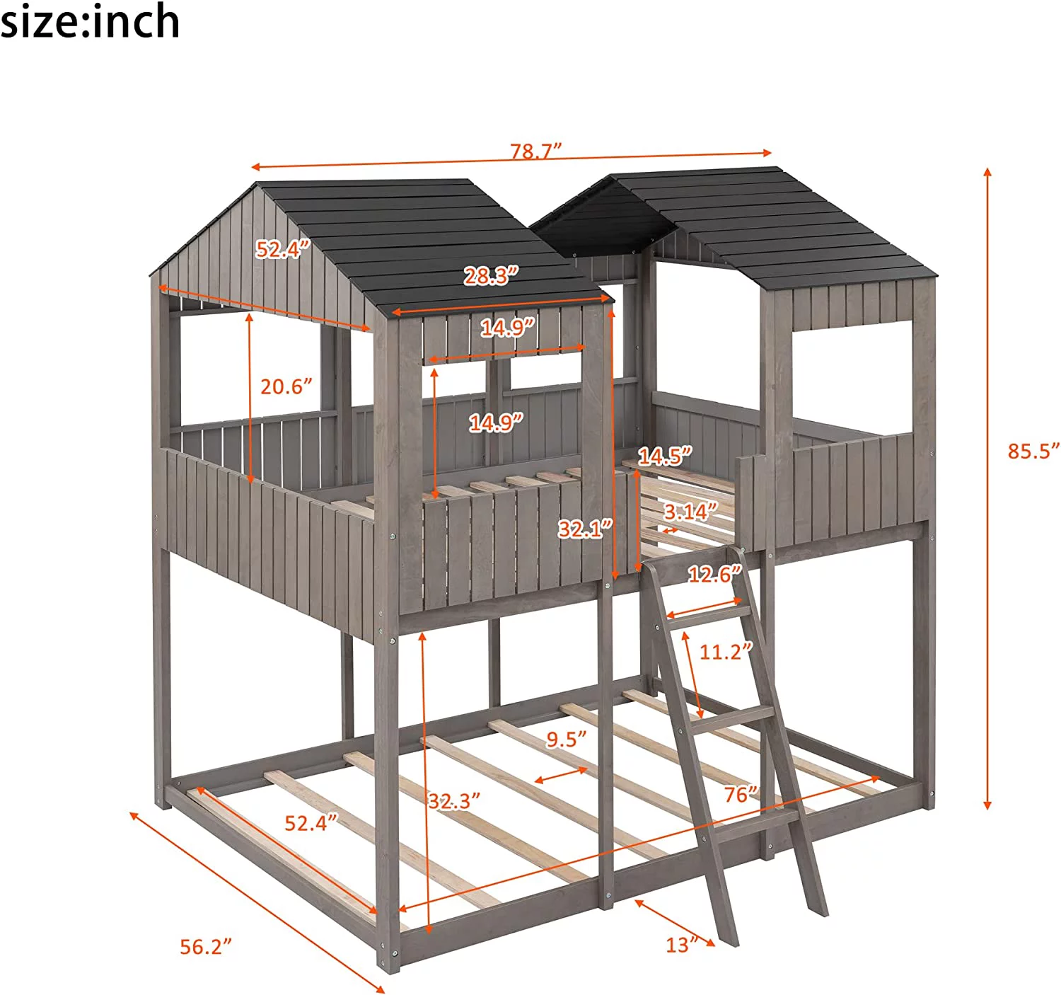 Full Over Full WoodBunk Bed with Roof, Window, Guardrail, Ladder