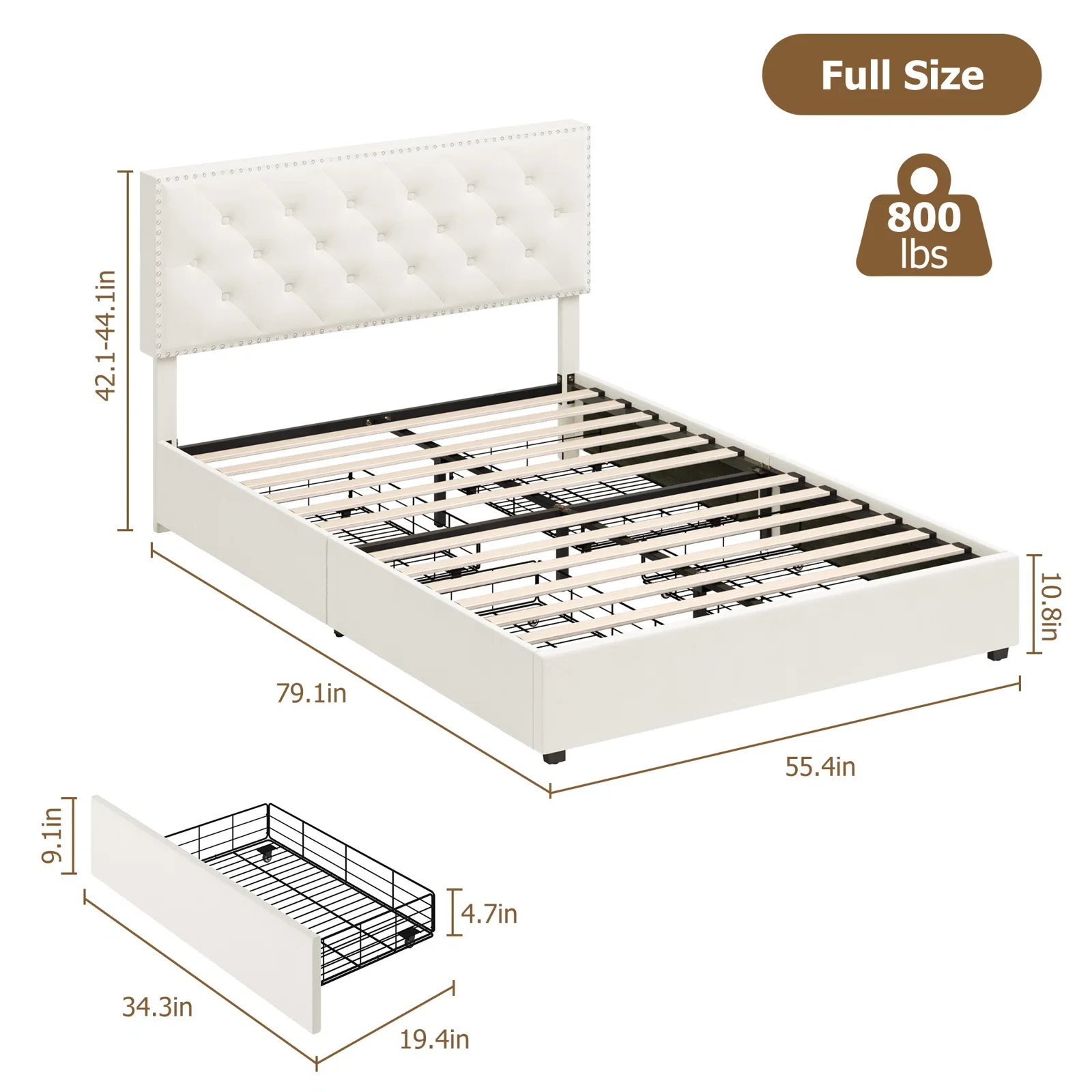 Homfa Full Size Storage Bed with 4 Drawers, Button Tufted Upholstered Platform Bed Frame with Adjustable Headboard, Off-White