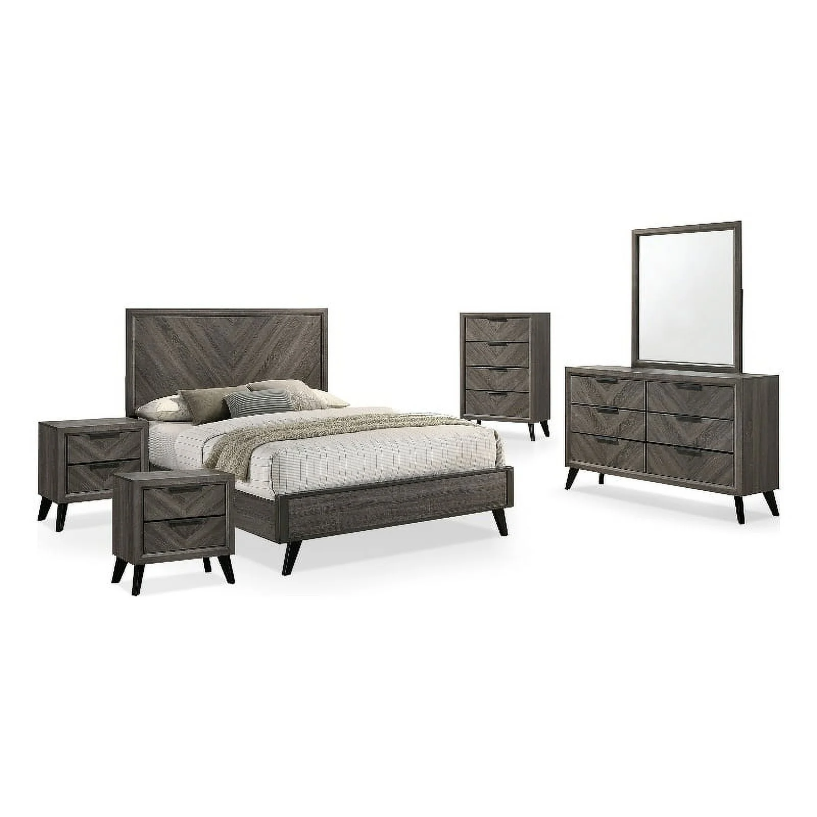 FOA Hean 6pc Wood Gray Bedroom Set - King +2 Nightstands +Chest +Dresser +Mirror