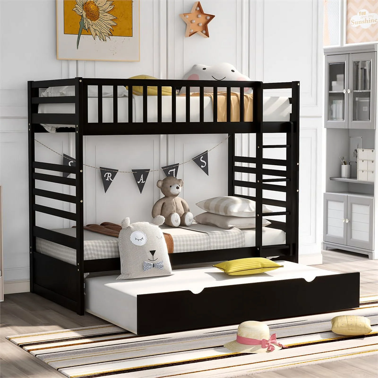 CRO Decor Twin Bunk Beds for Kids with Safety Rail and Movable Trundle Bed-Brown