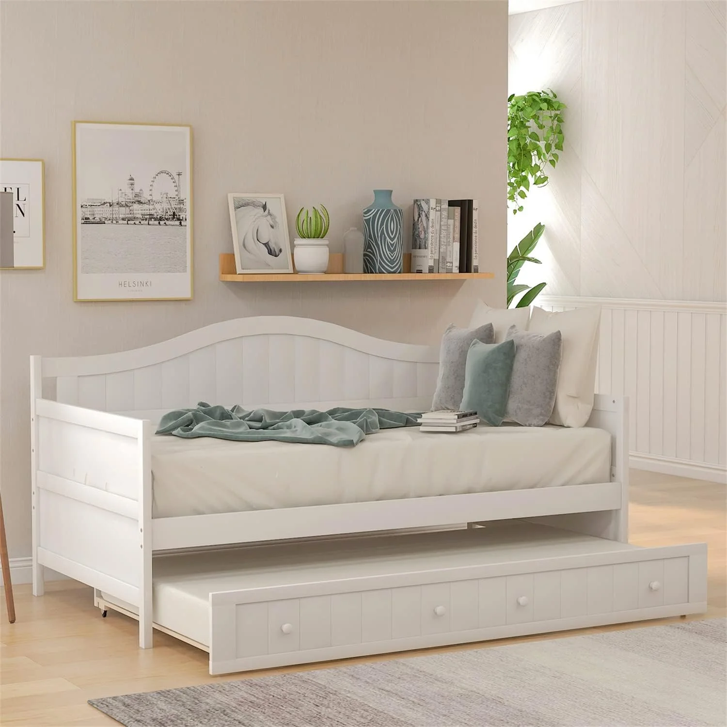 Daybed With Trundle Wood Day Bed Frame For Living Room Bedroom Dual-Use Sofa Beds For Kids Guests Sleepovers, Size, White