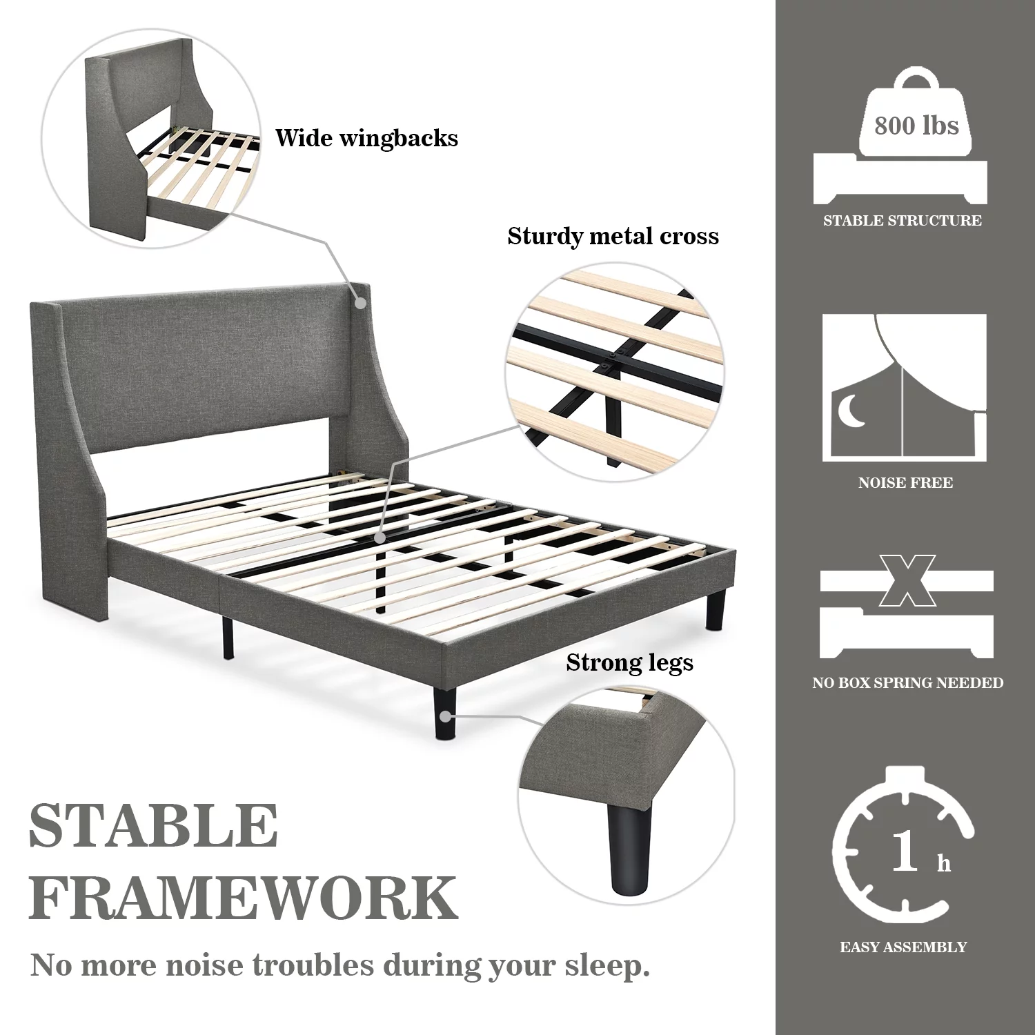Allewie Queen Size Fabric Upholstered Platform Bed Frame with Wingback Headboard, Light Grey