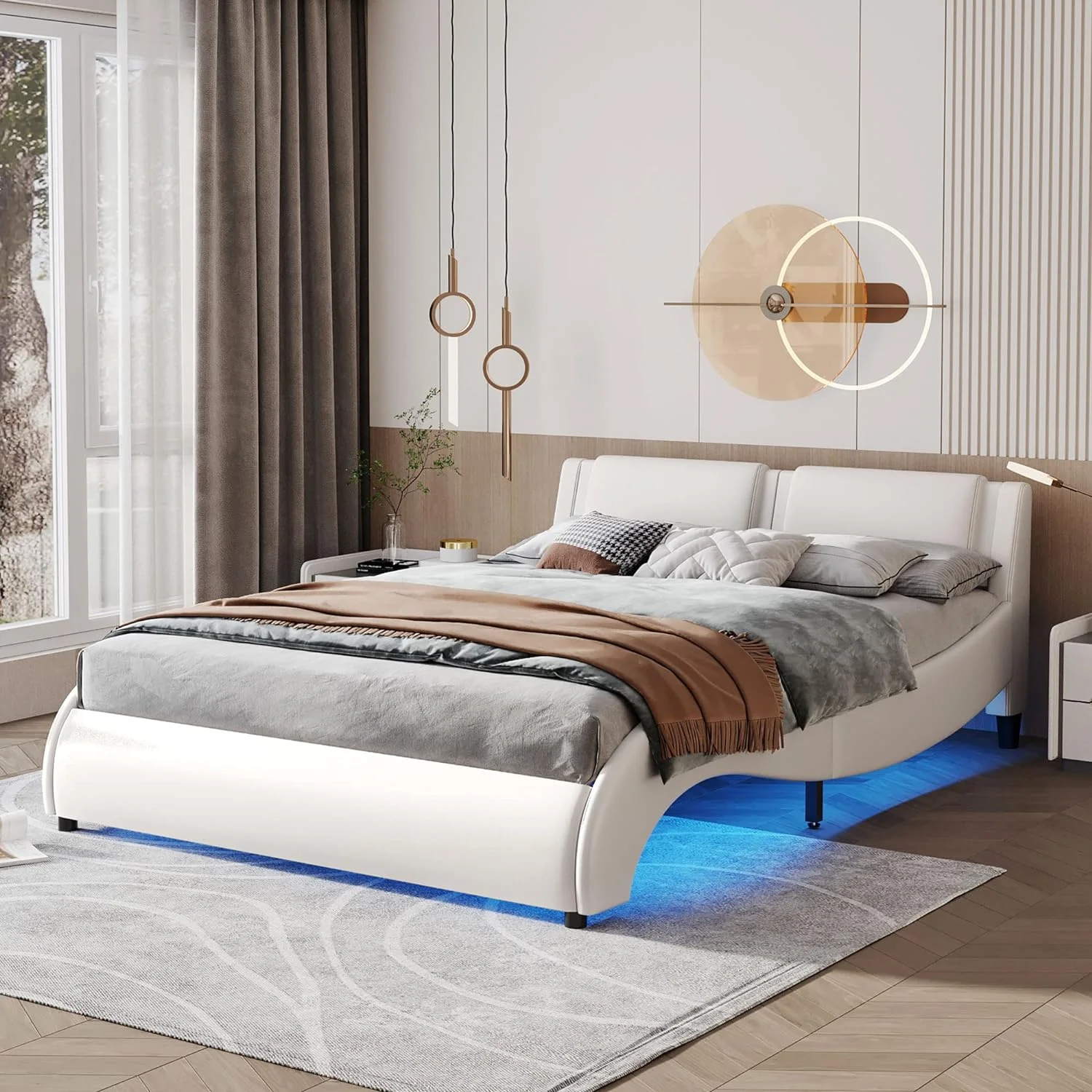 Quee Bed With LED Lights Upholstered Faux Leather Platform Beds With Headboard Moder -Like Bed Frame With Slatted, o Box Sprig eeded, Quee Size, White