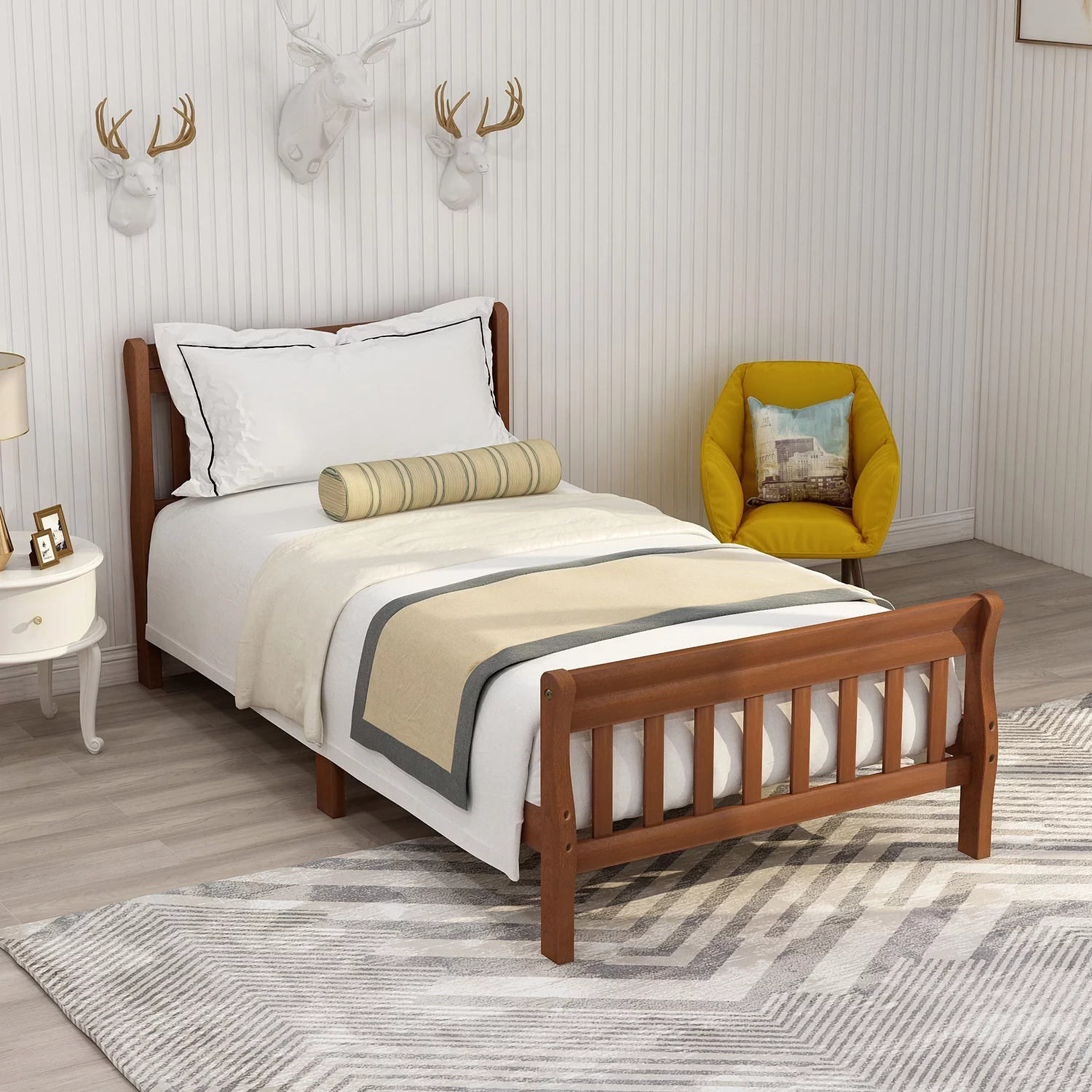 Twin Bed Frame Panel Bed Wood Platform Bed Mattress Foundation Sleigh Bed with Headboard/Footboard/Wood Slat Support for Kids, Teens