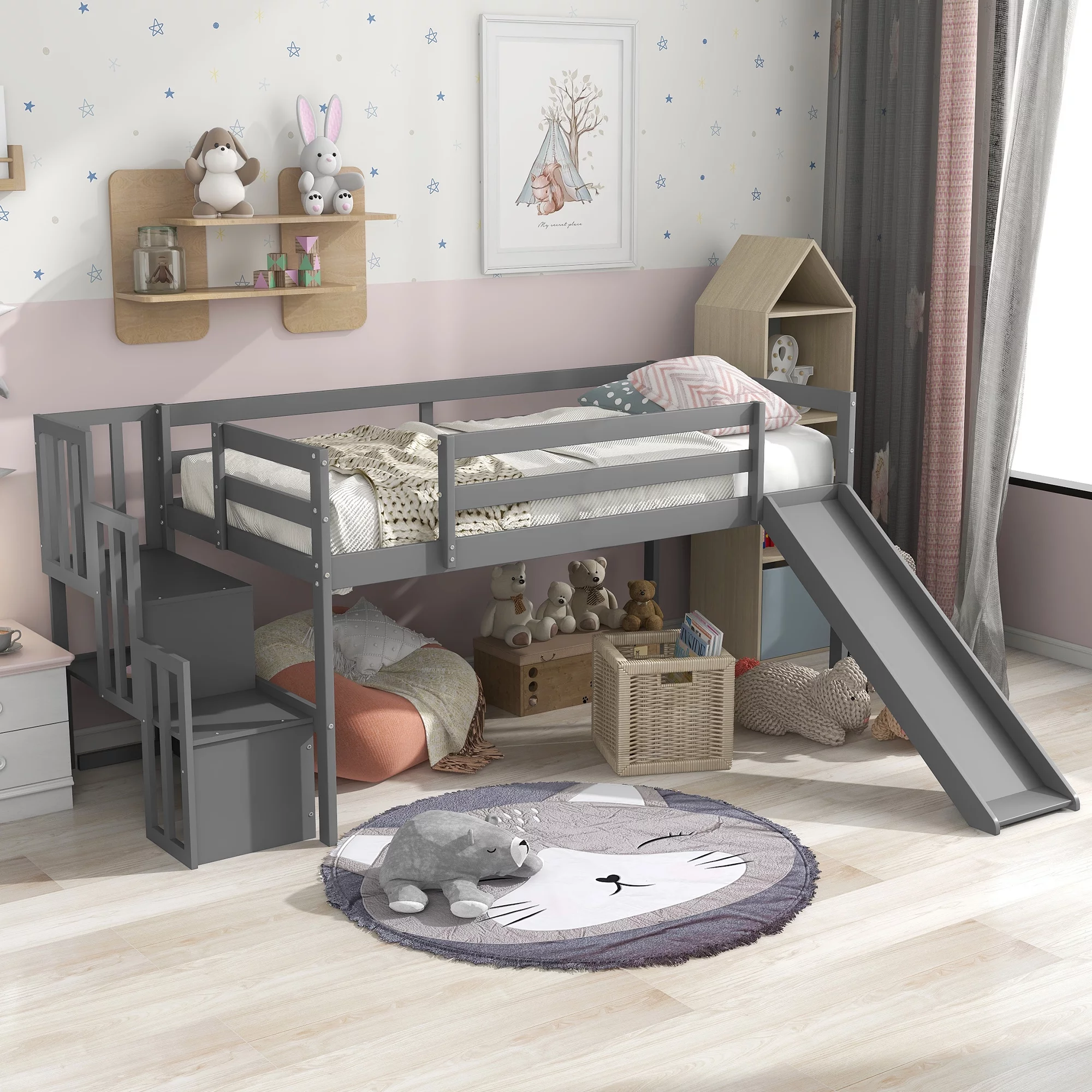 uhomepro Kids Loft Bed with Slide for Boys Girls Bedroom, Storage Bed Frame Twin Size Low Profile Loft Bed with Staircase, Wood Twin Loft Bed Mattress Foundation, No Box Spring Needed, Gray