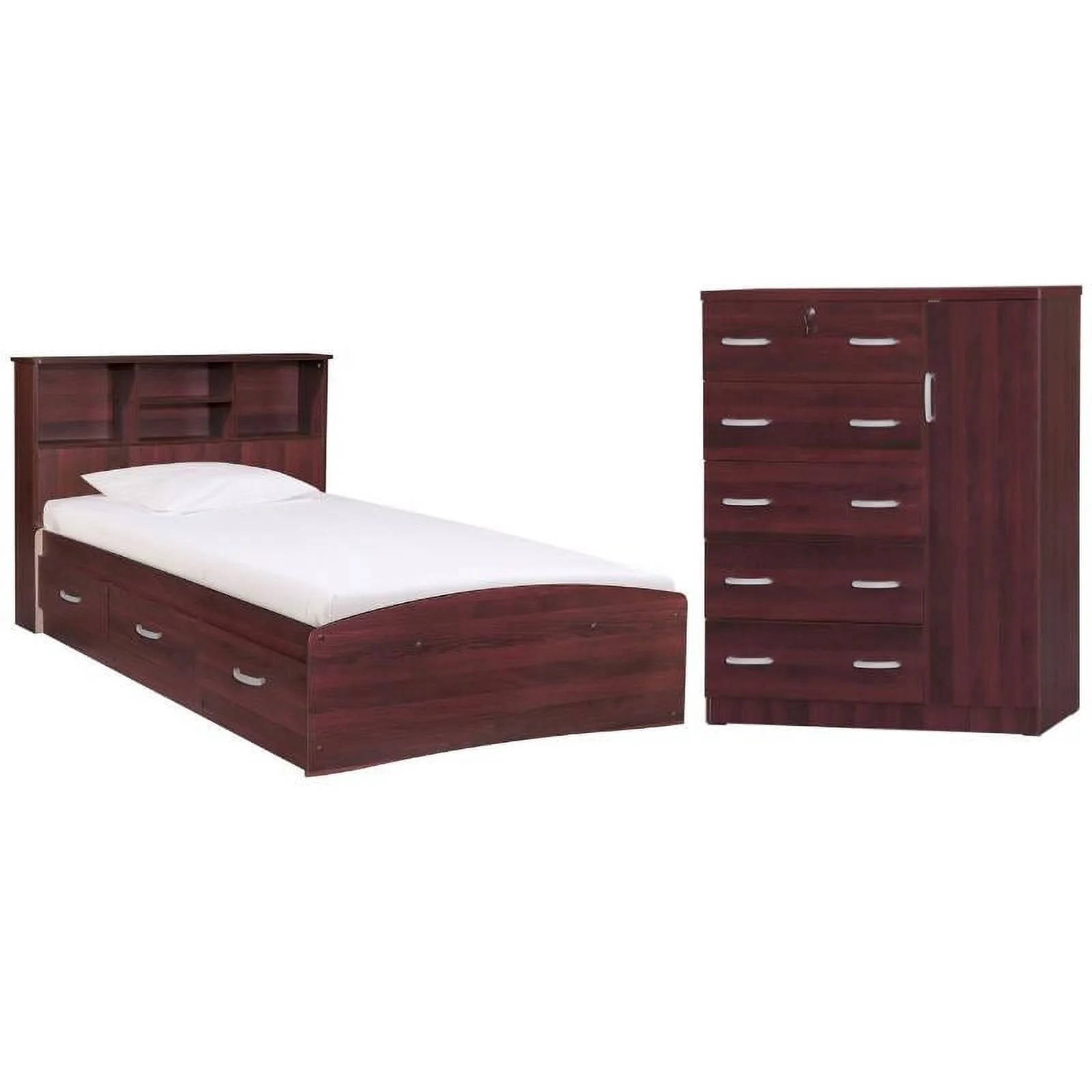 Home Square 2-Piece Set with Twin Captains Bed & Tall Chest Wardrobe in Mahogany