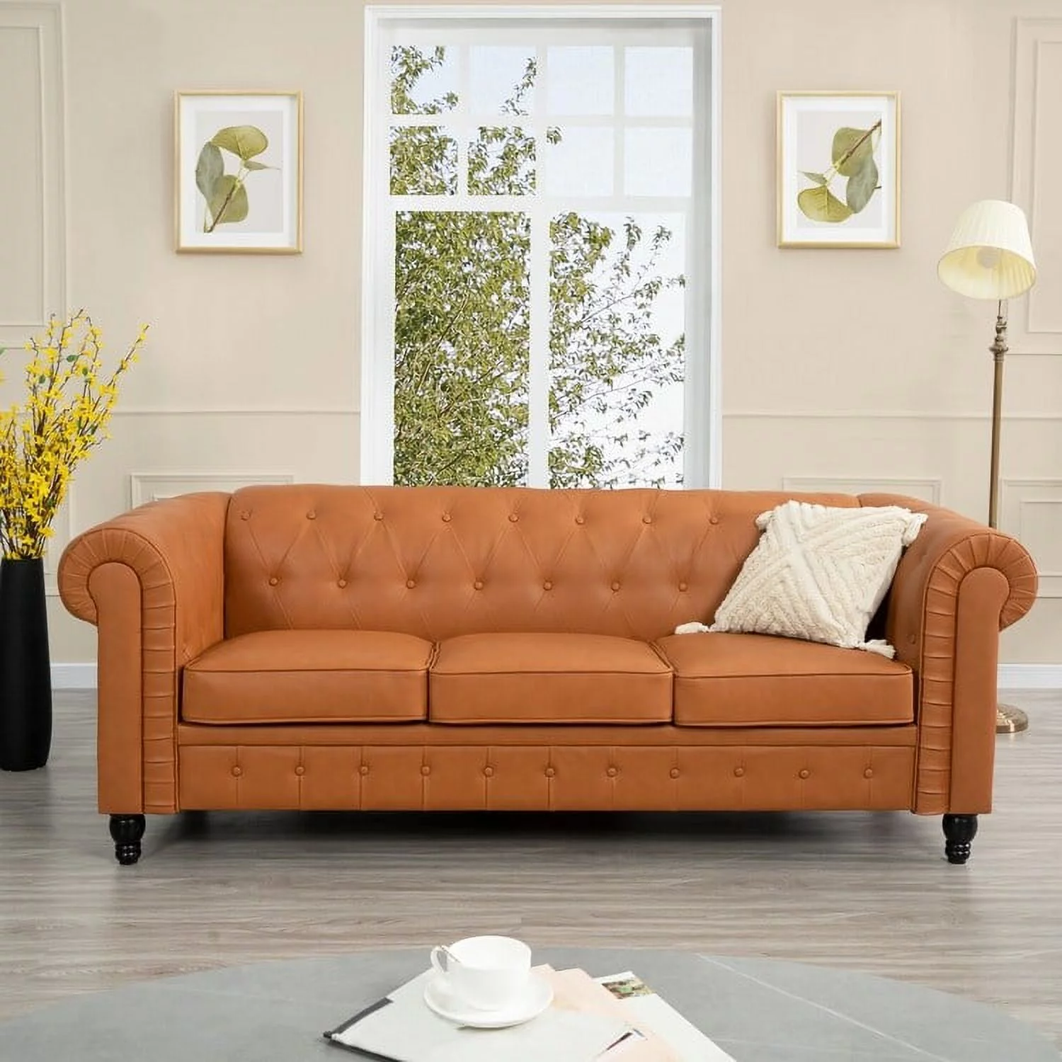 Emery Chesterfield Sofa, Luxurious Comfort for Cozy Living Rooms, Mid-Century Modern couch, Elegance & Serenity, 3-Seater Sofa Caramel,Air Leather