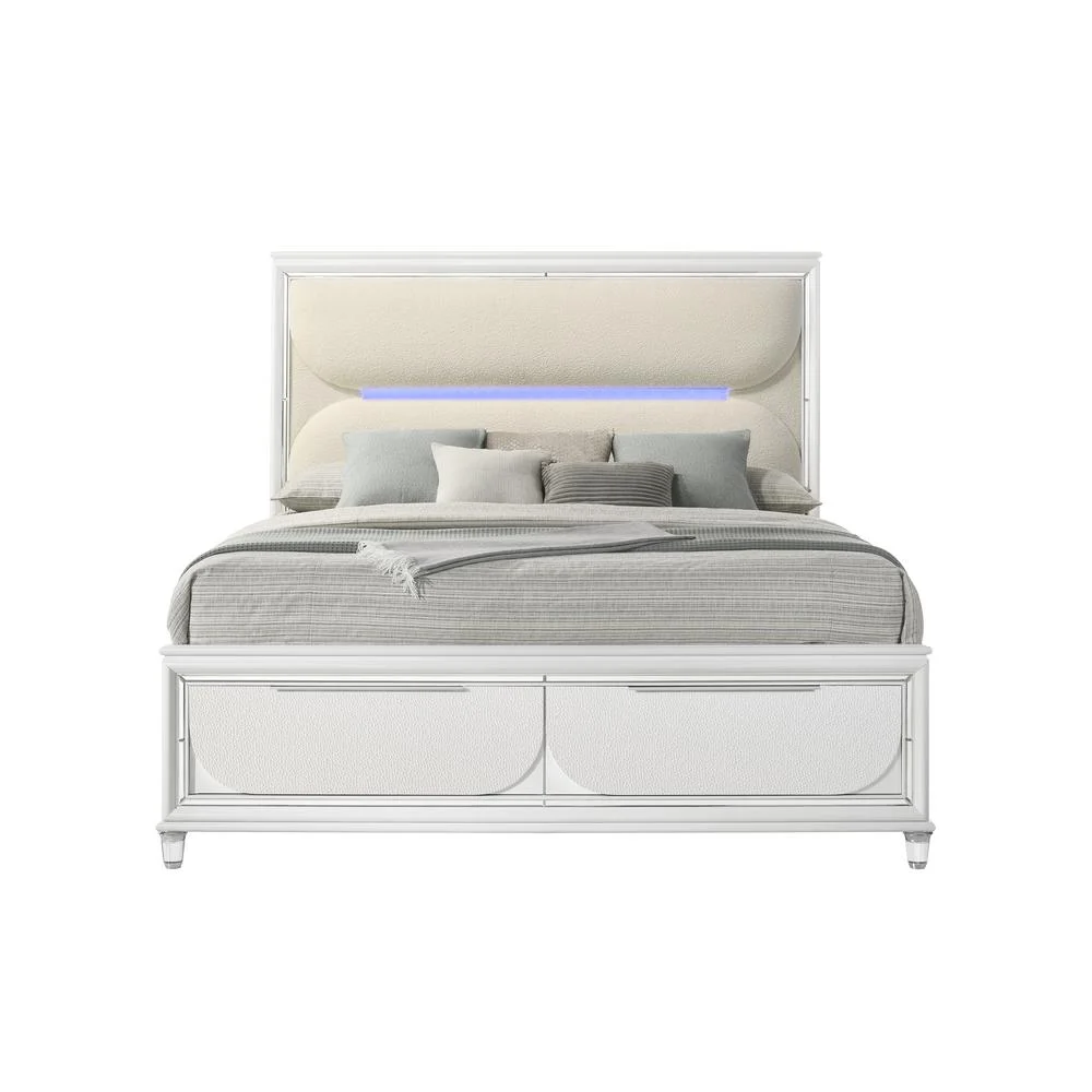 ACME Tarian Wood Queen Bed with Storage & LED in White/Pearl White