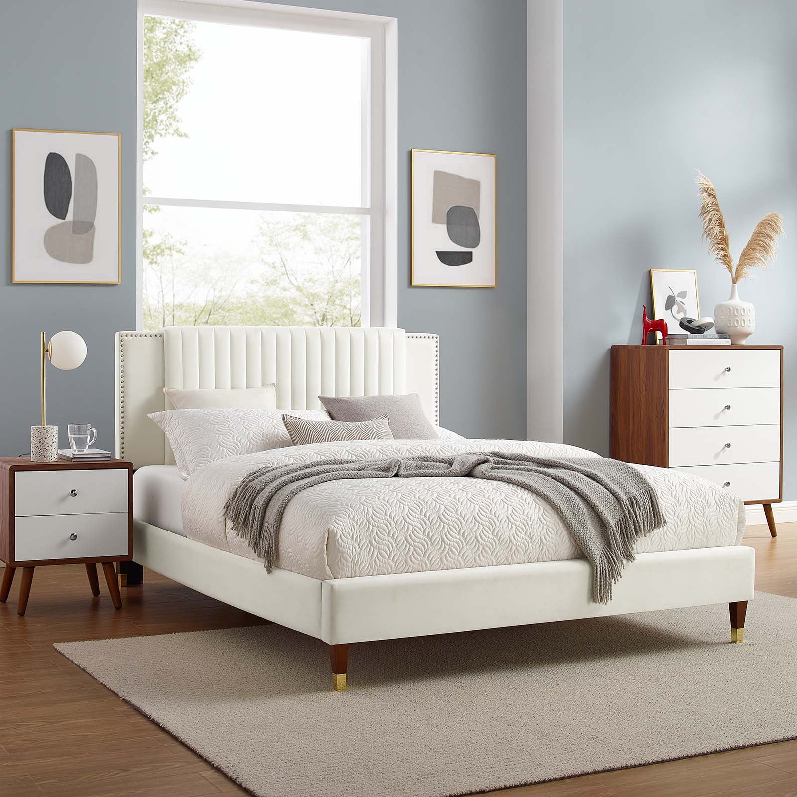 Modway Zahra Channel Tufted Performance Velvet Queen Platform Bed in White