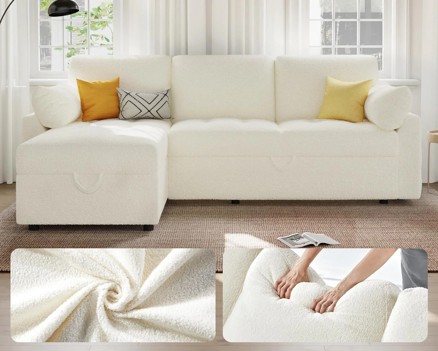AMERLIFE Convertible Sofa Bed, Modern Tufted Sleeper Sofa, Pull Out Couch Bed with Storage, Sectional Sofa Couch for Living Room (Boucle White)