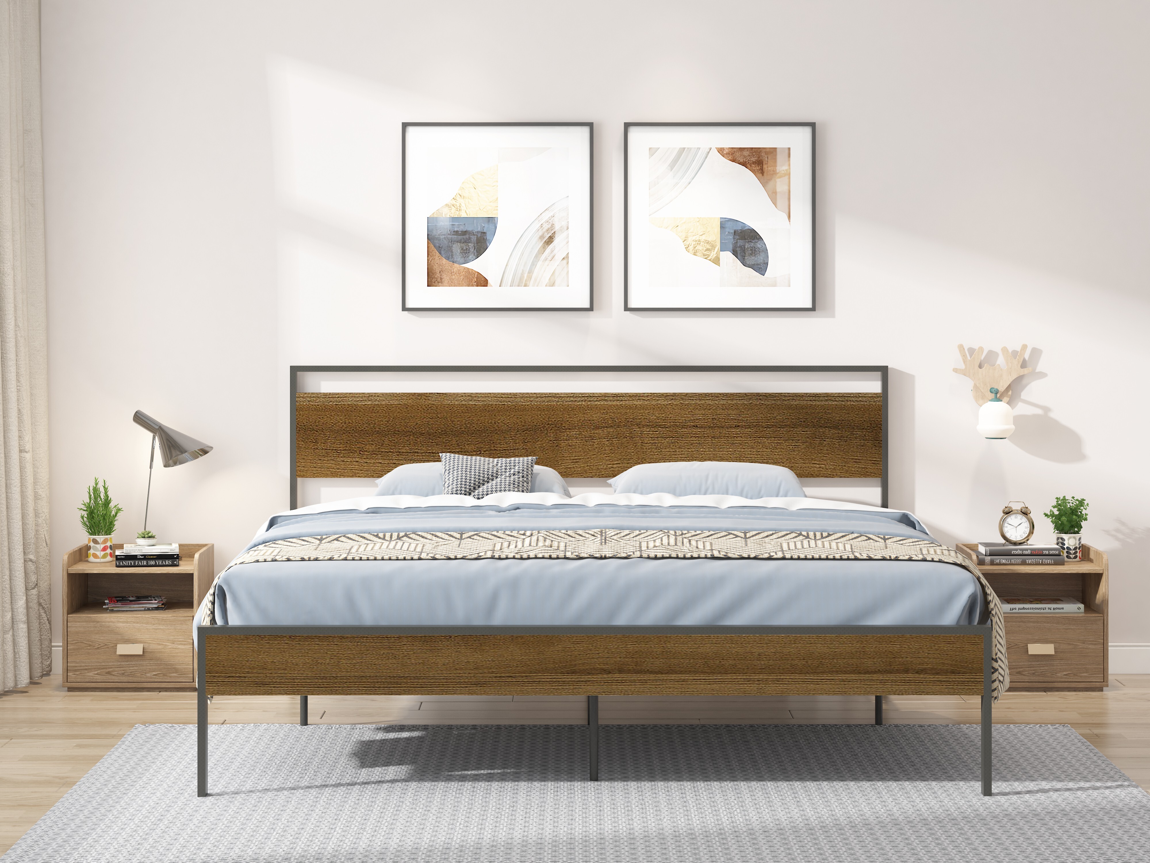 King Size Platform Bed Frame with Ceres Metal Design Cinnamon Wood Headboard & Footboard, Modern Bedframe-Black